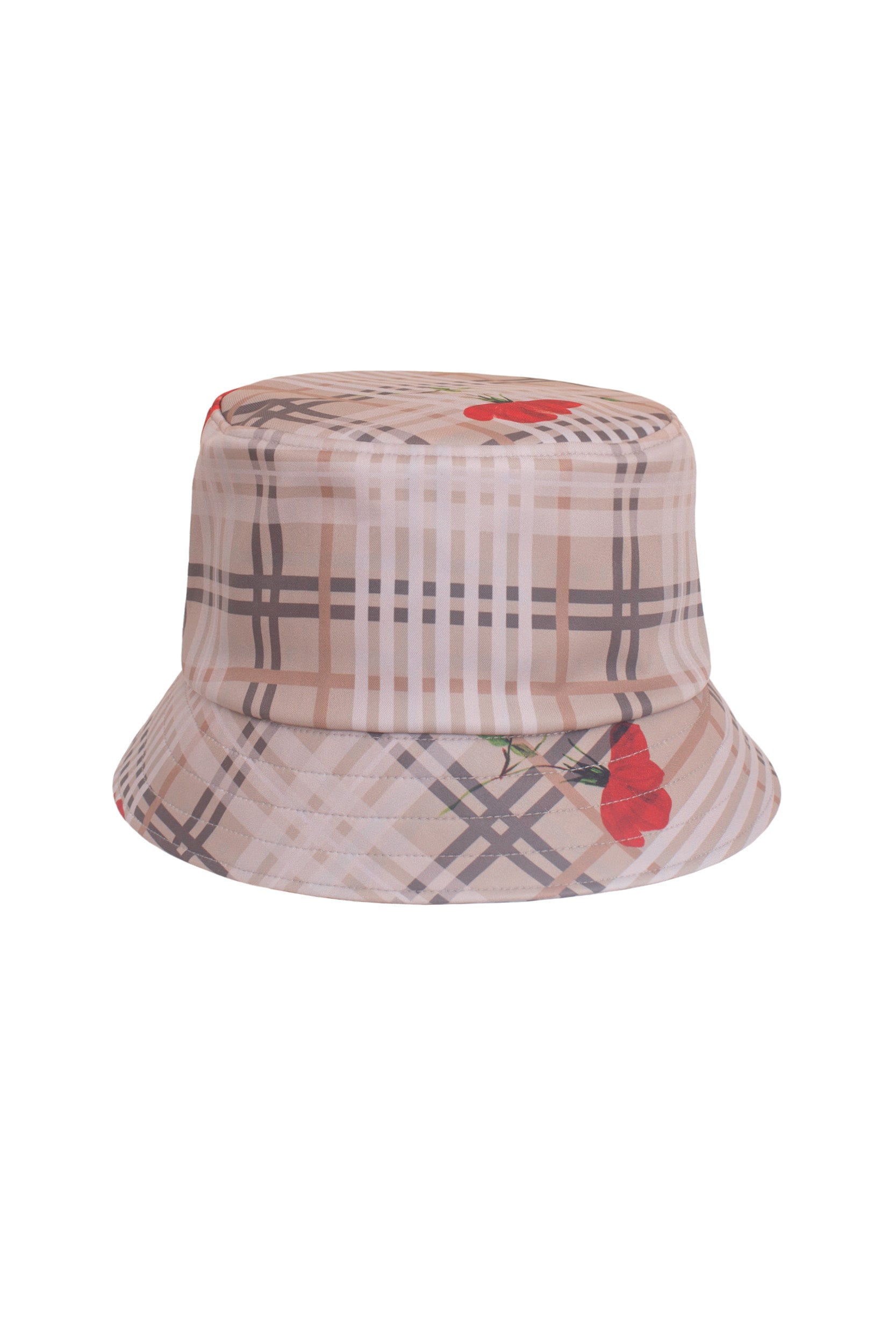 Elegant waterproof softshell bucket hat in beige color with red flowers – lightweight and feminine design.
