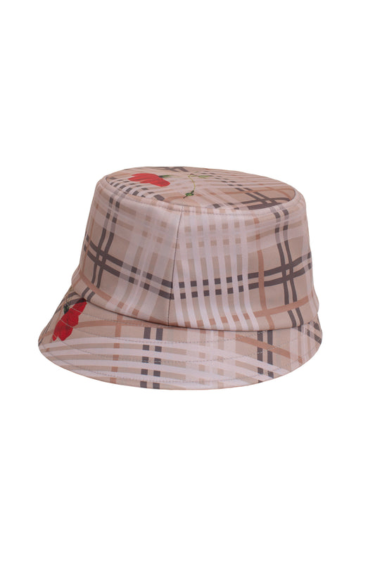 Beige plaid bucket hat with red floral print – waterproof women’s softshell hat.