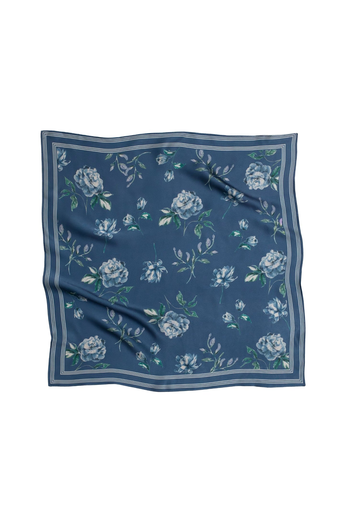 Blue floral patterned square scarf on a white background