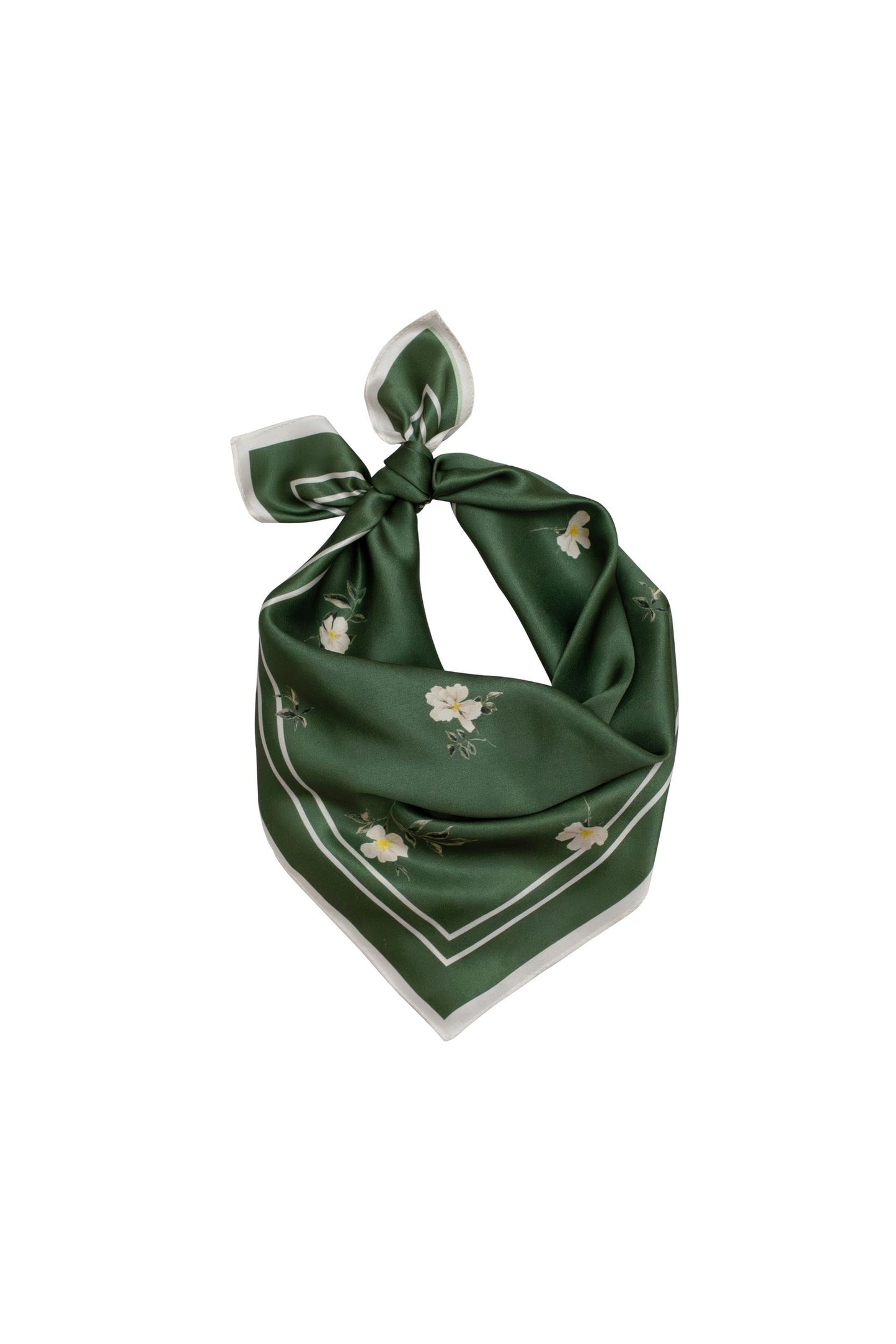 Green floral scarf tied in a knot on a white background