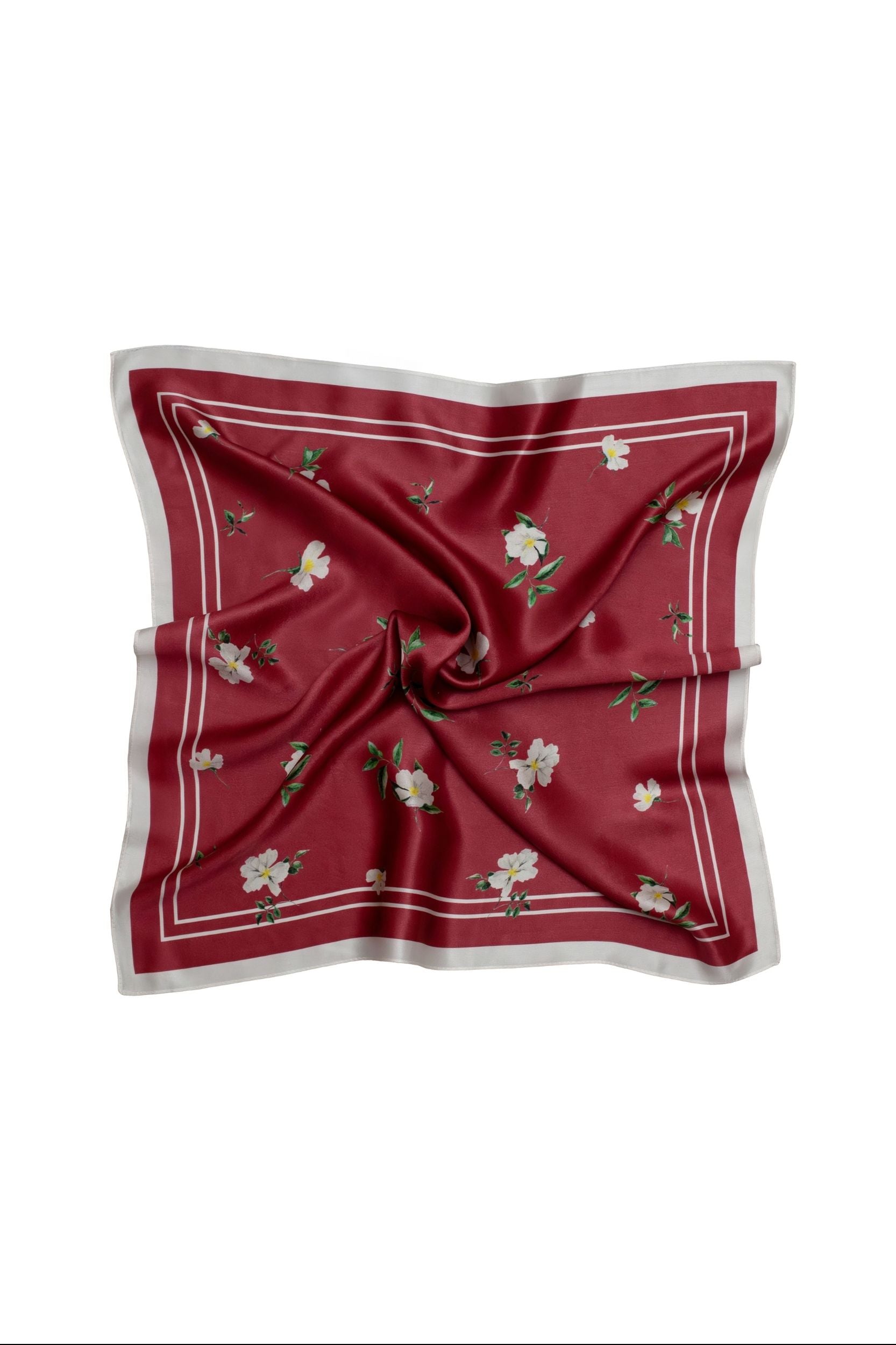 Red square scarf with floral patterns on a white background