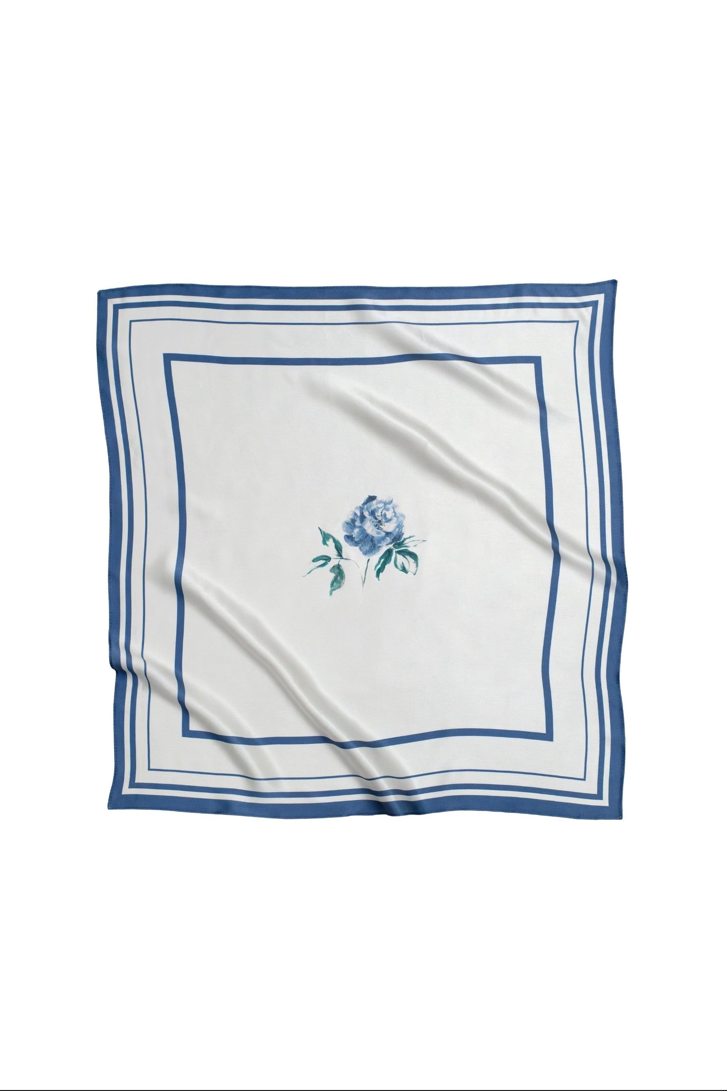 White square scarf with blue floral design and border on a white background