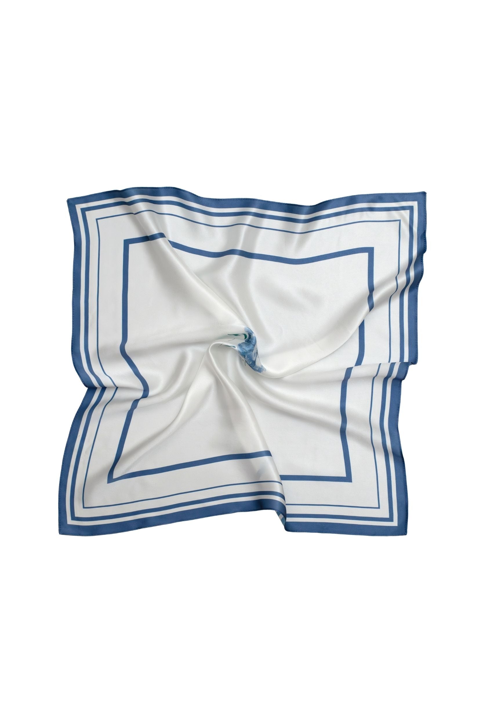 White square scarf with blue border on a white background