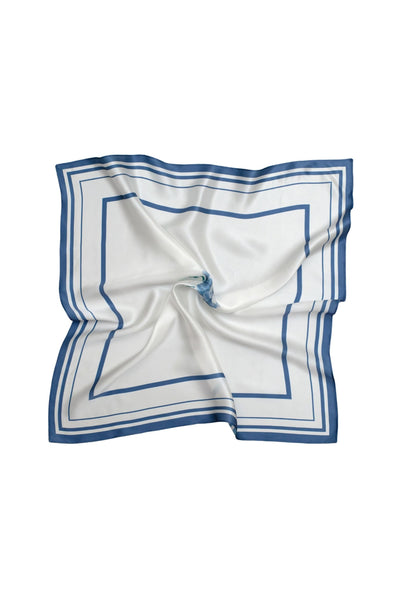 White square scarf with blue border on a white background