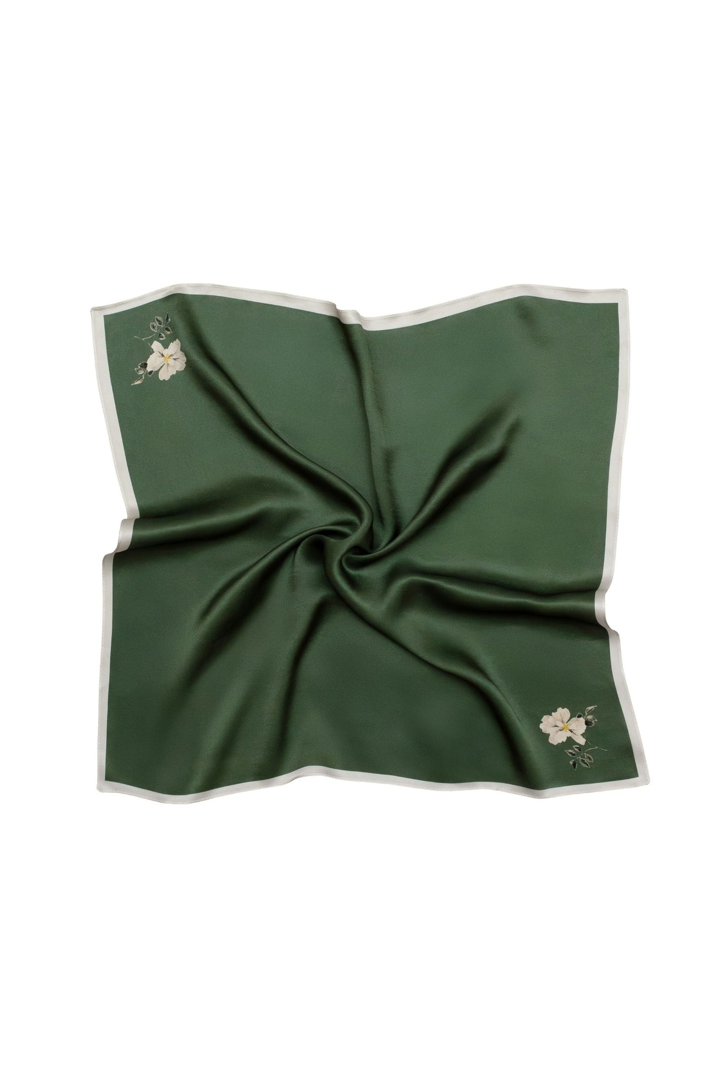 Green square scarf with floral print on a white background