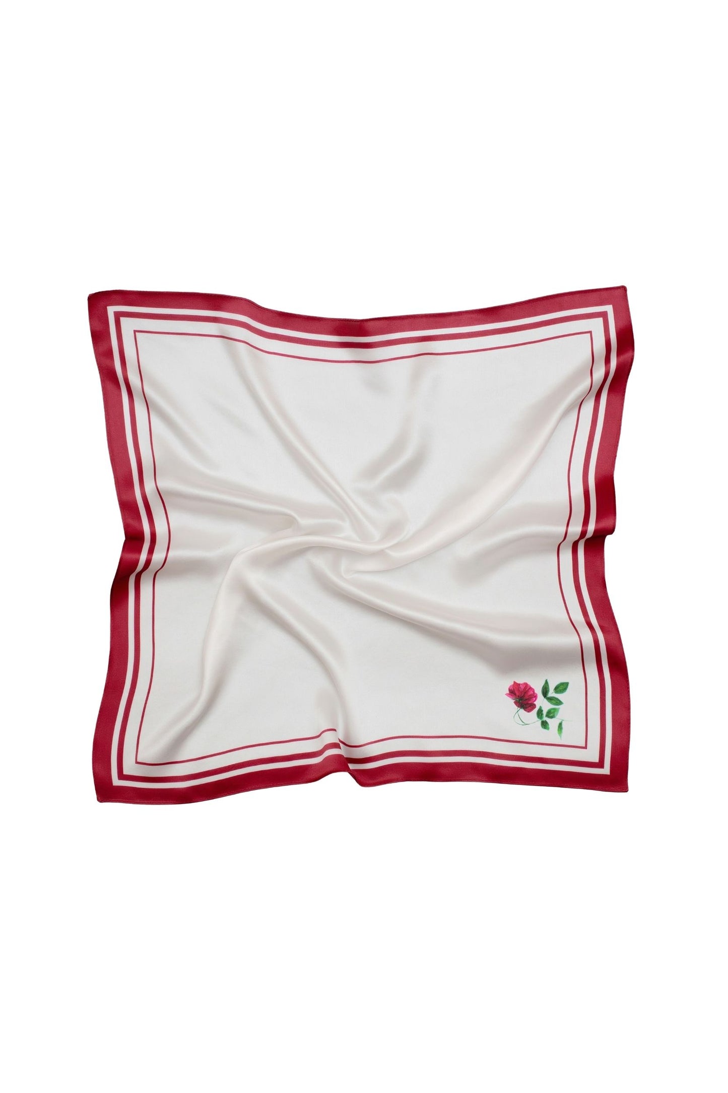 White square scarf with red border and small rose on a white background