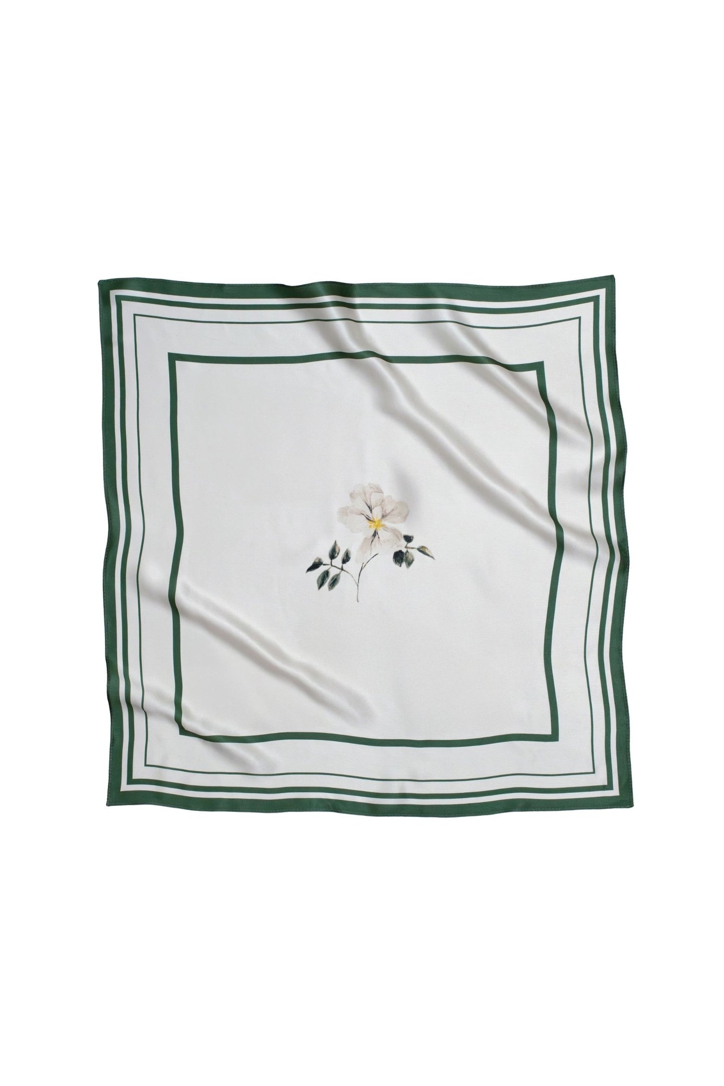 White square scarf with floral print and green border on a white background