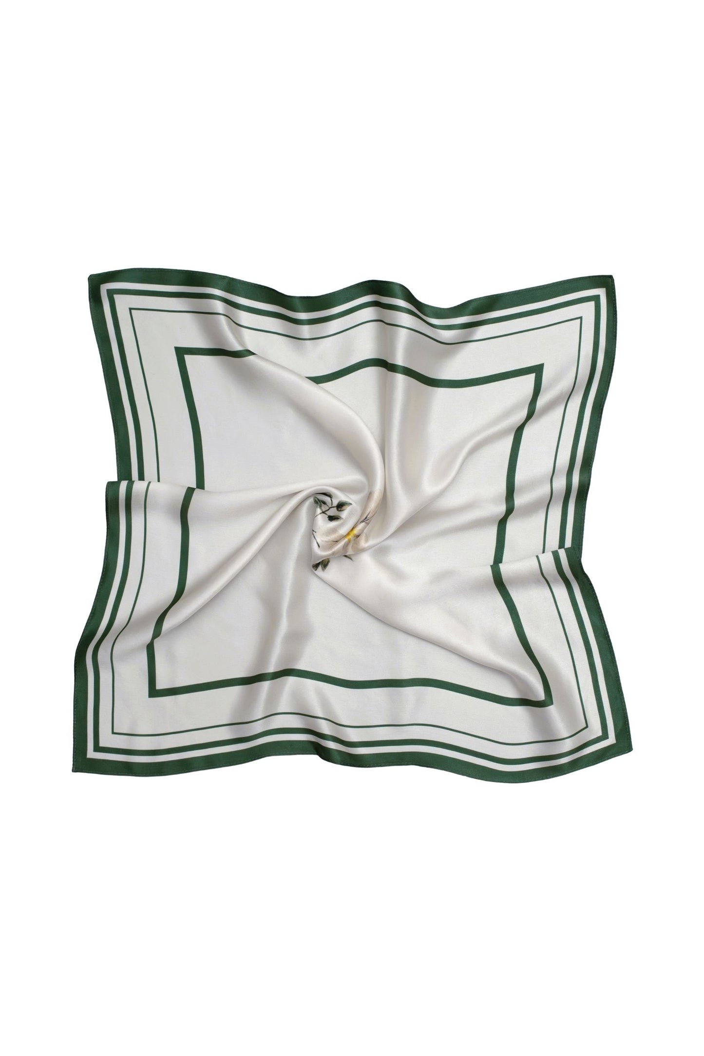 White square scarf with green border on a white background