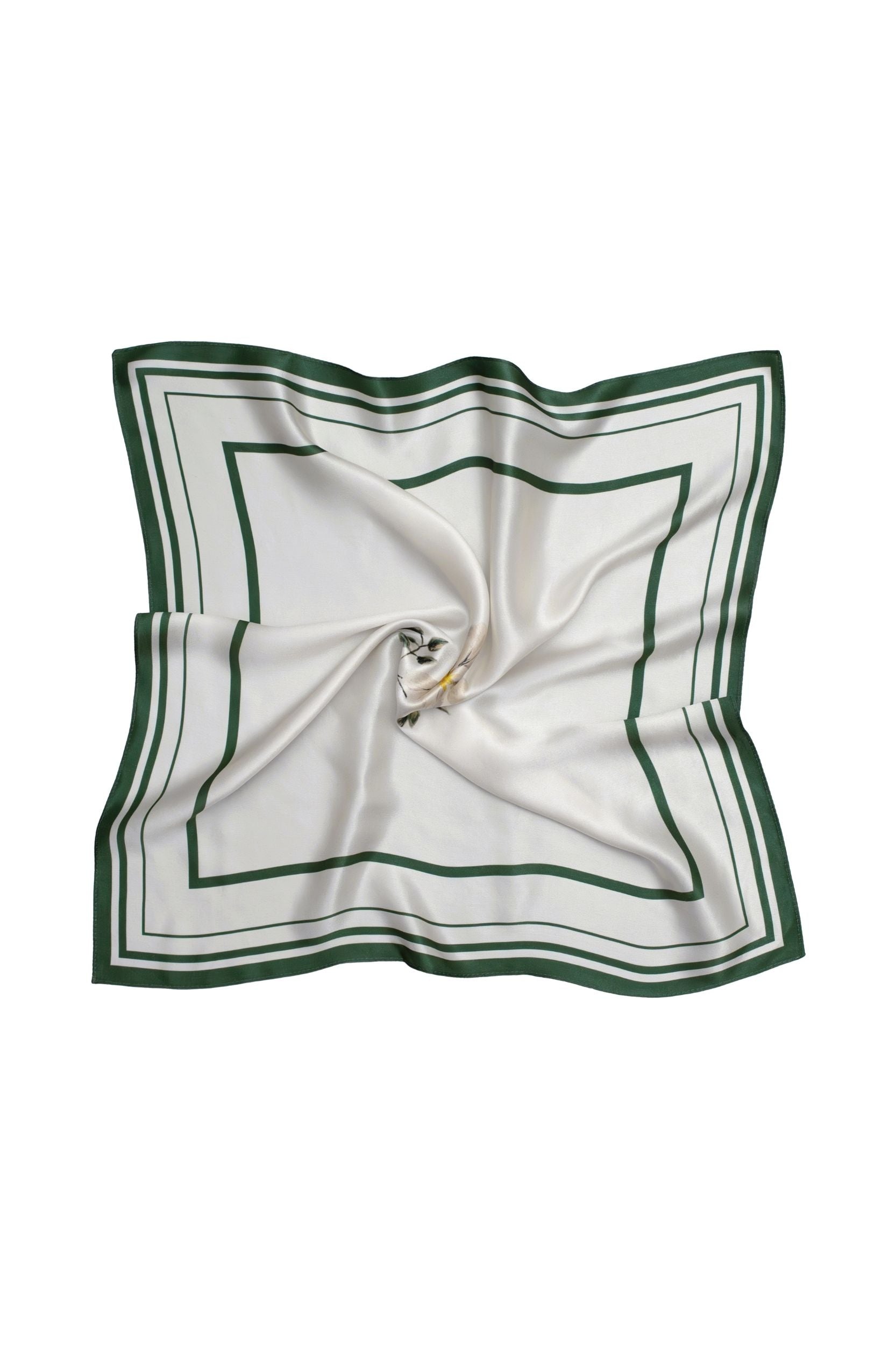 White square scarf with green border on a white background