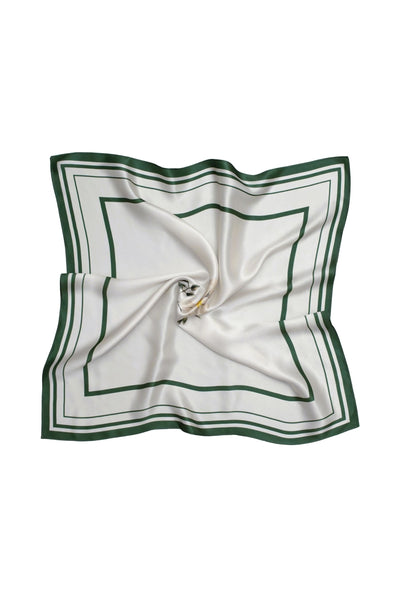 White square scarf with green border on a white background