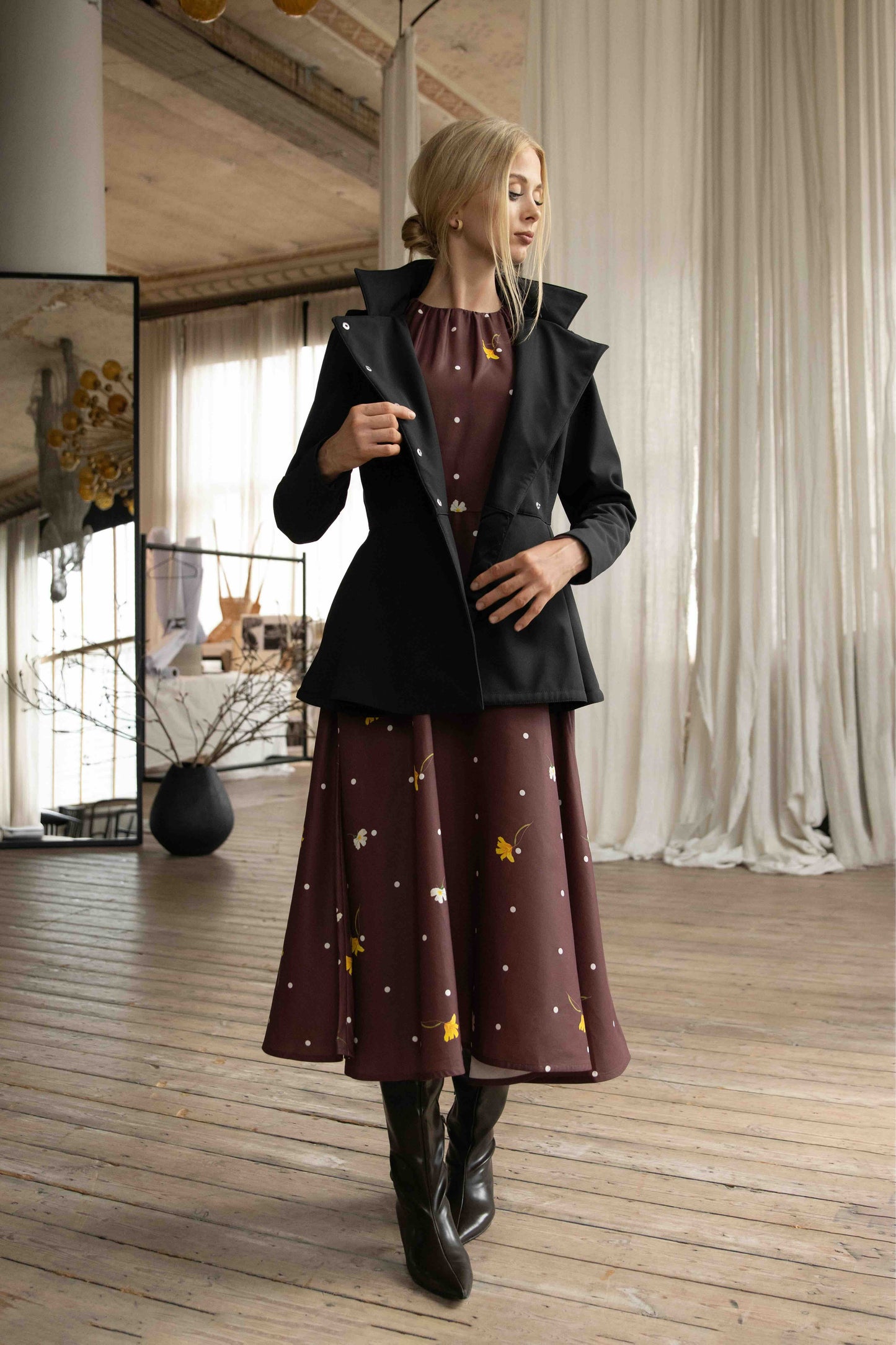 Vintage flare brown midi dress with evening blush short coat.