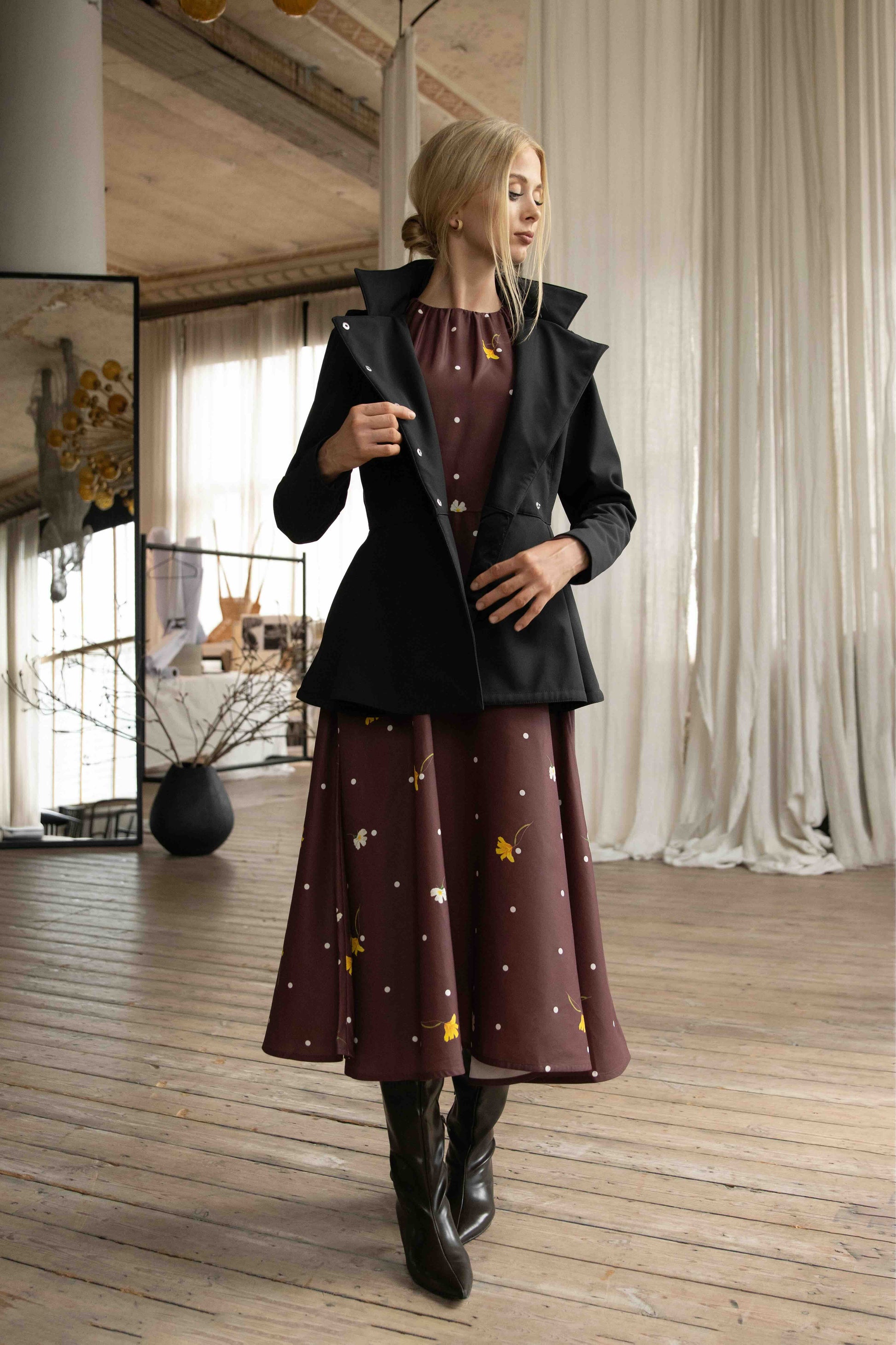 Vintage flare brown midi dress with evening blush short coat.