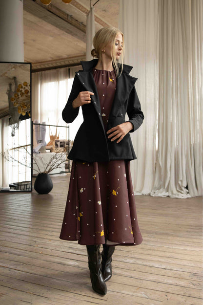 Vintage flare brown midi dress with evening blush short coat.