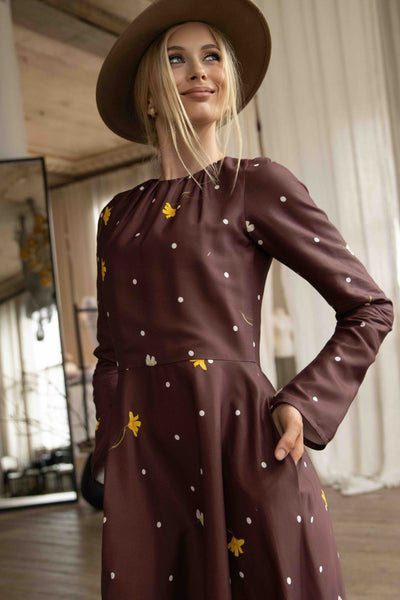 Fit and Flare Long Sleeve Dress in Brown | Vintage Flare RainSisters Fit and Flare Long Sleeve Dress in Brown | Vintage Flare RainSisters