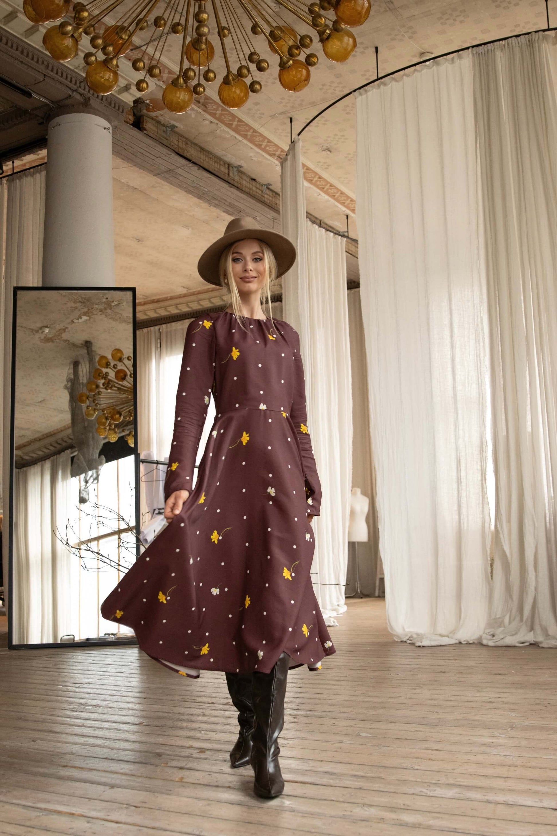 Brown vintage-inspired midi dress in viscose satin with white polka dots, floral print, and fit-and-flare silhouette.