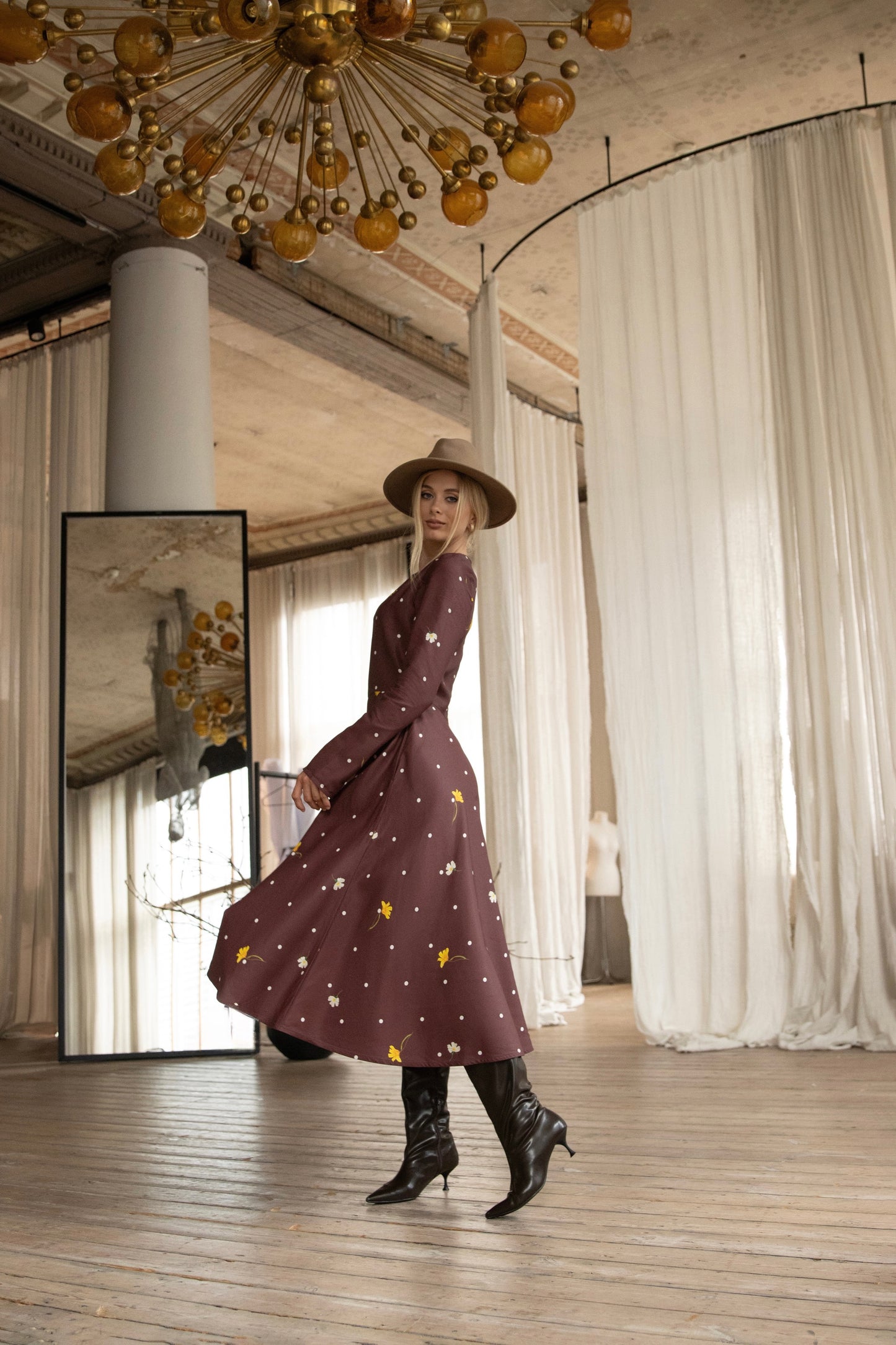 Sustainable viscose satin midi dress in brown with vintage floral and polka dot design, timeless everyday elegance.