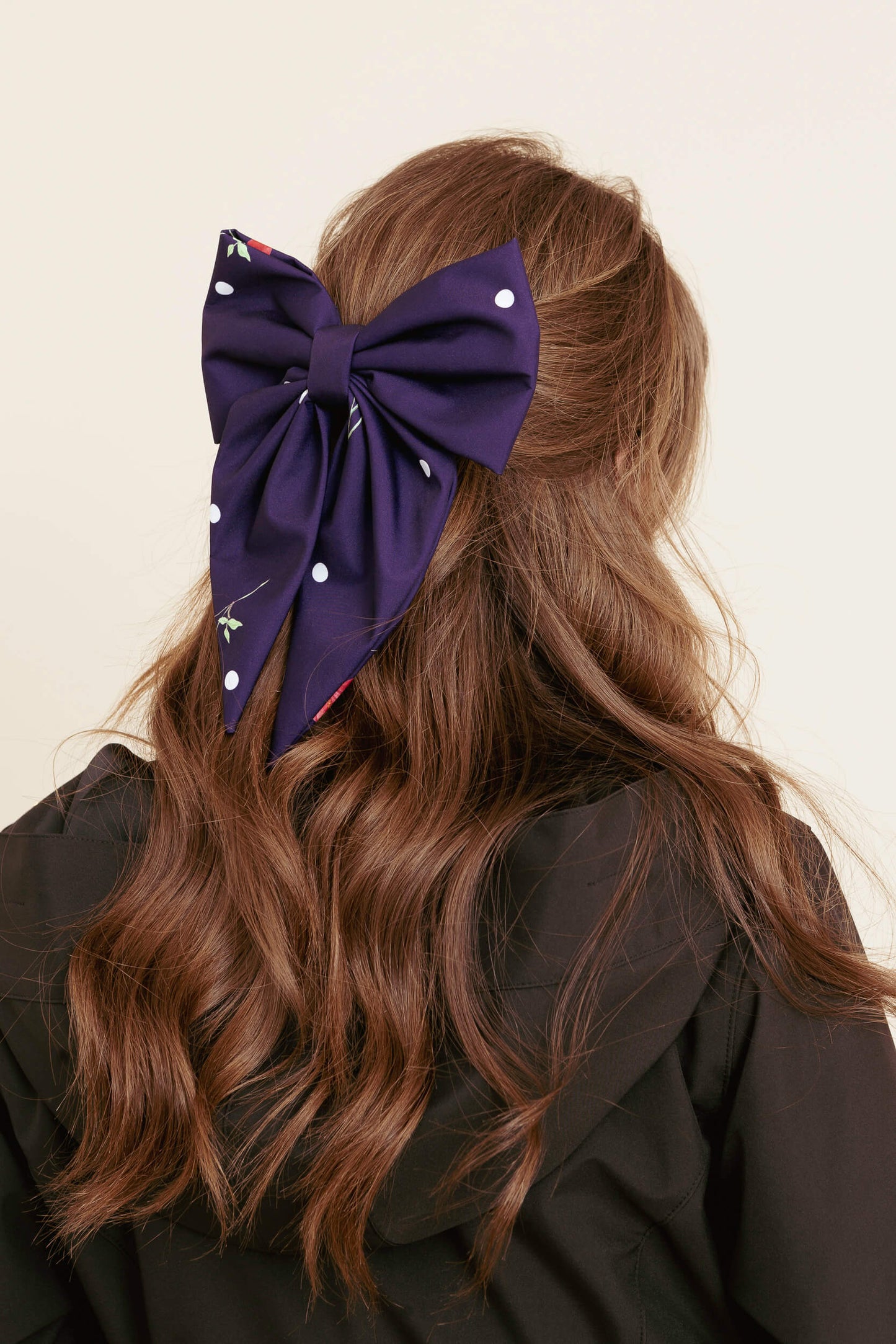 Violet hair accessory with white polka dot and little flower pattern