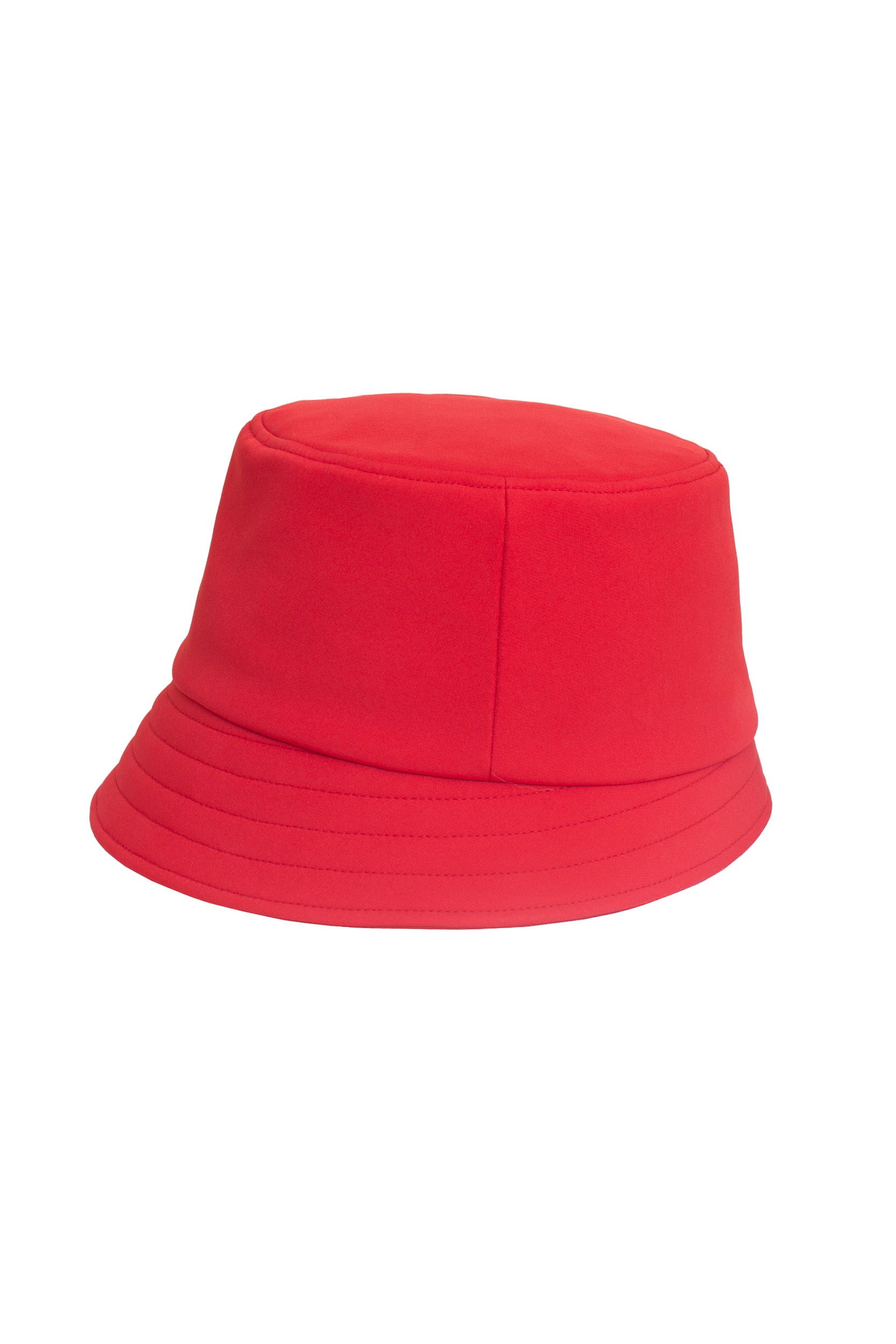 Red waterproof bucket hat made from softshell on a white background