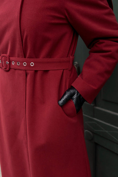 Rich maroon outerwear by RainSisters, perfect women’s coat for stylish winter outfits.