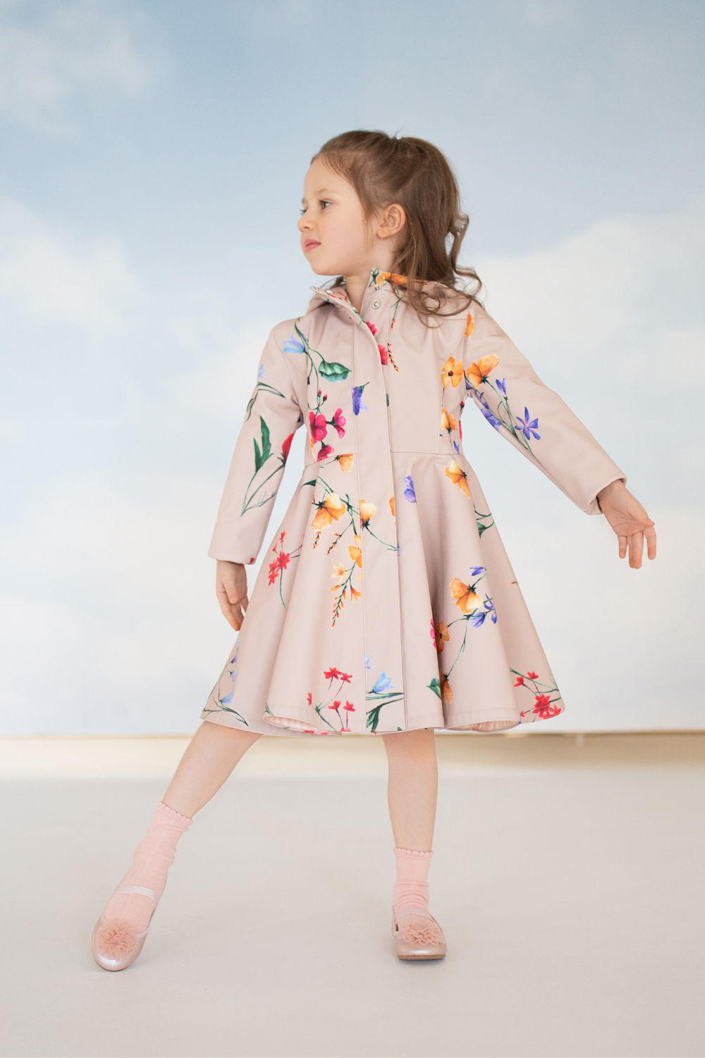 Beige waterproof coat for girls with colorful flower print