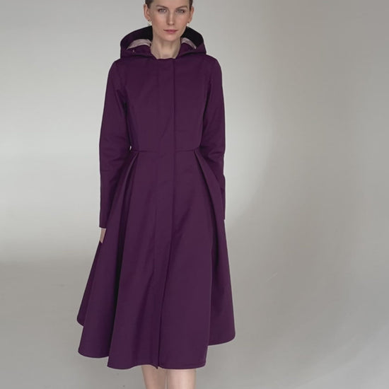 fitted and flared Waterproof Long Purple Coat for Women with adjustable hood