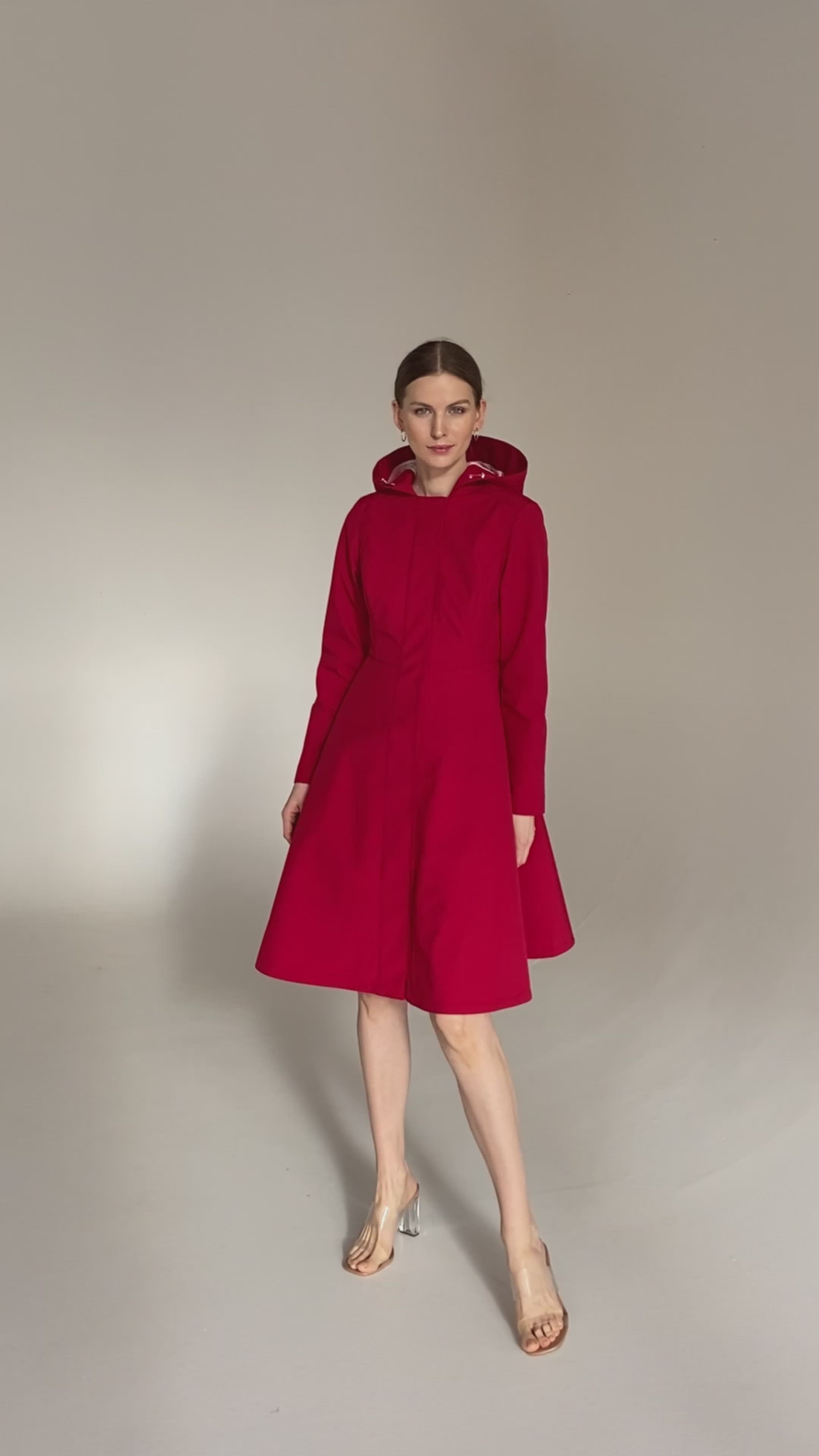 Load video: Monochrome Waterproof Dark Red Coat for Women