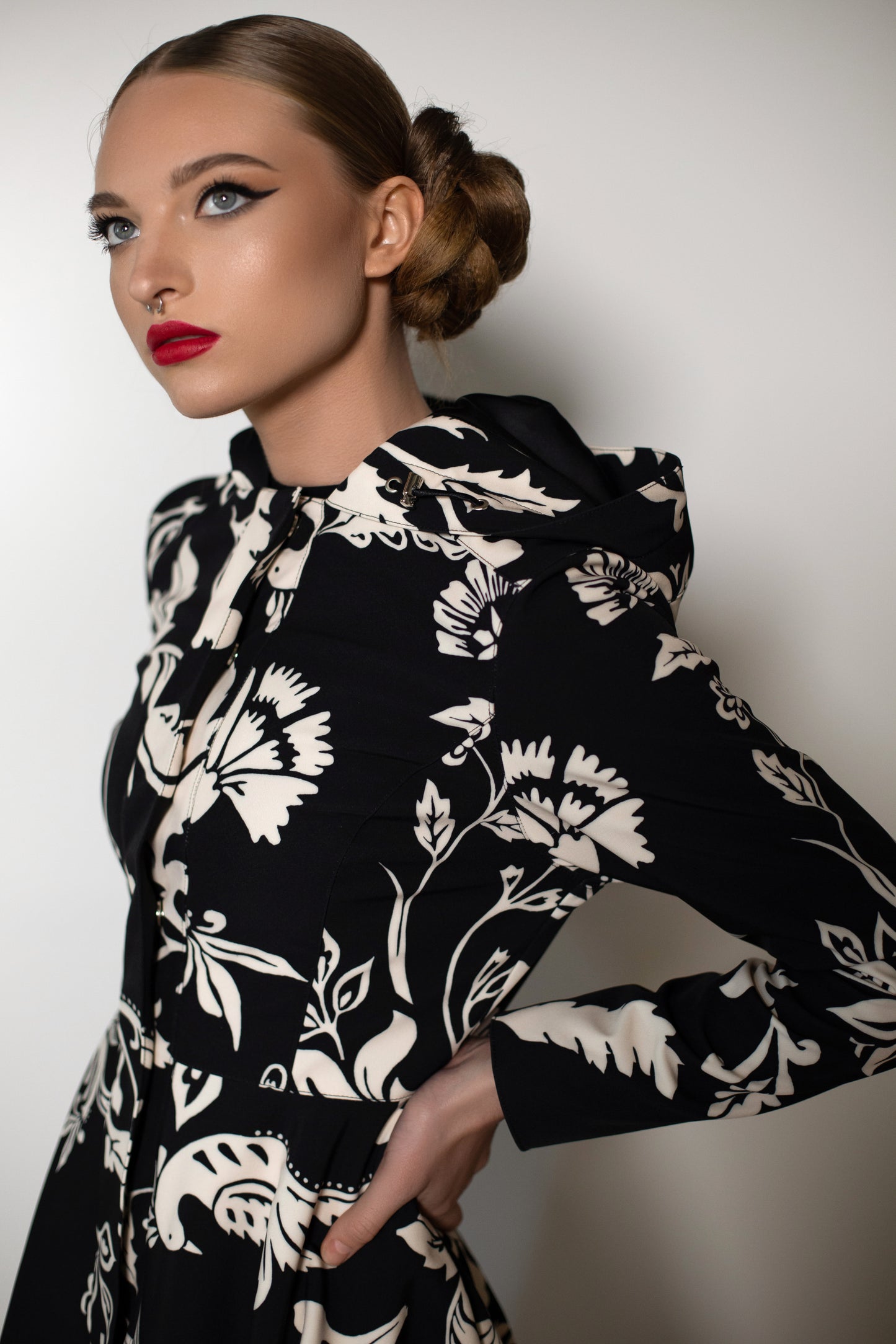 Black and White Fitted Coat with Floral Print
