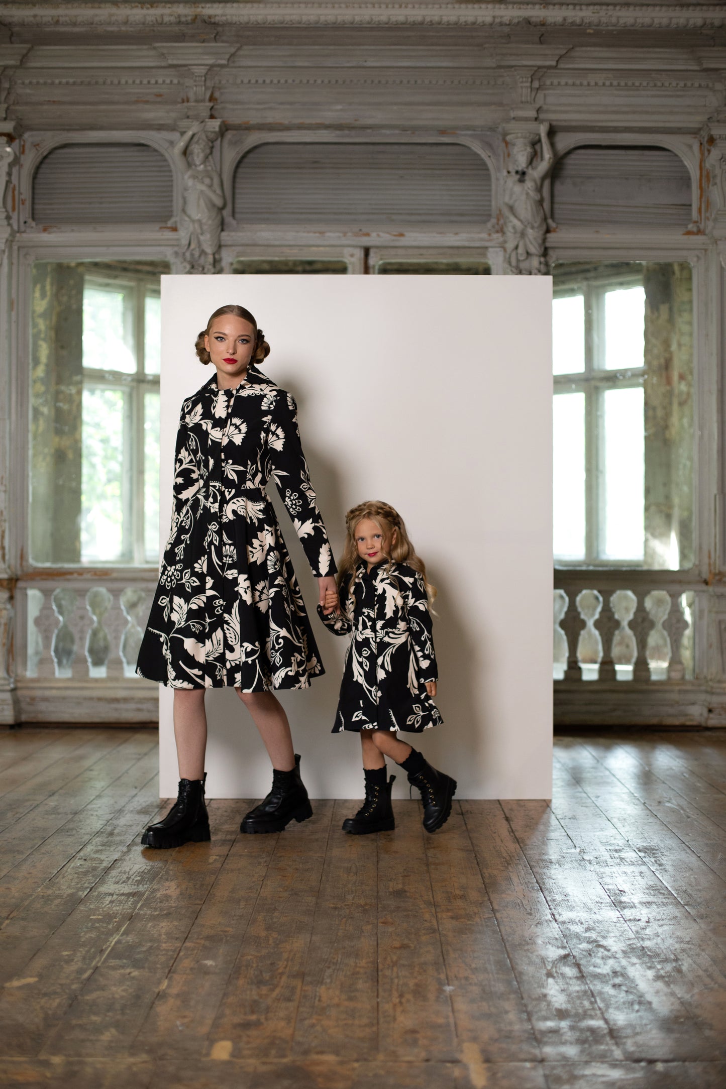 mommy and me set with black and white floral coats