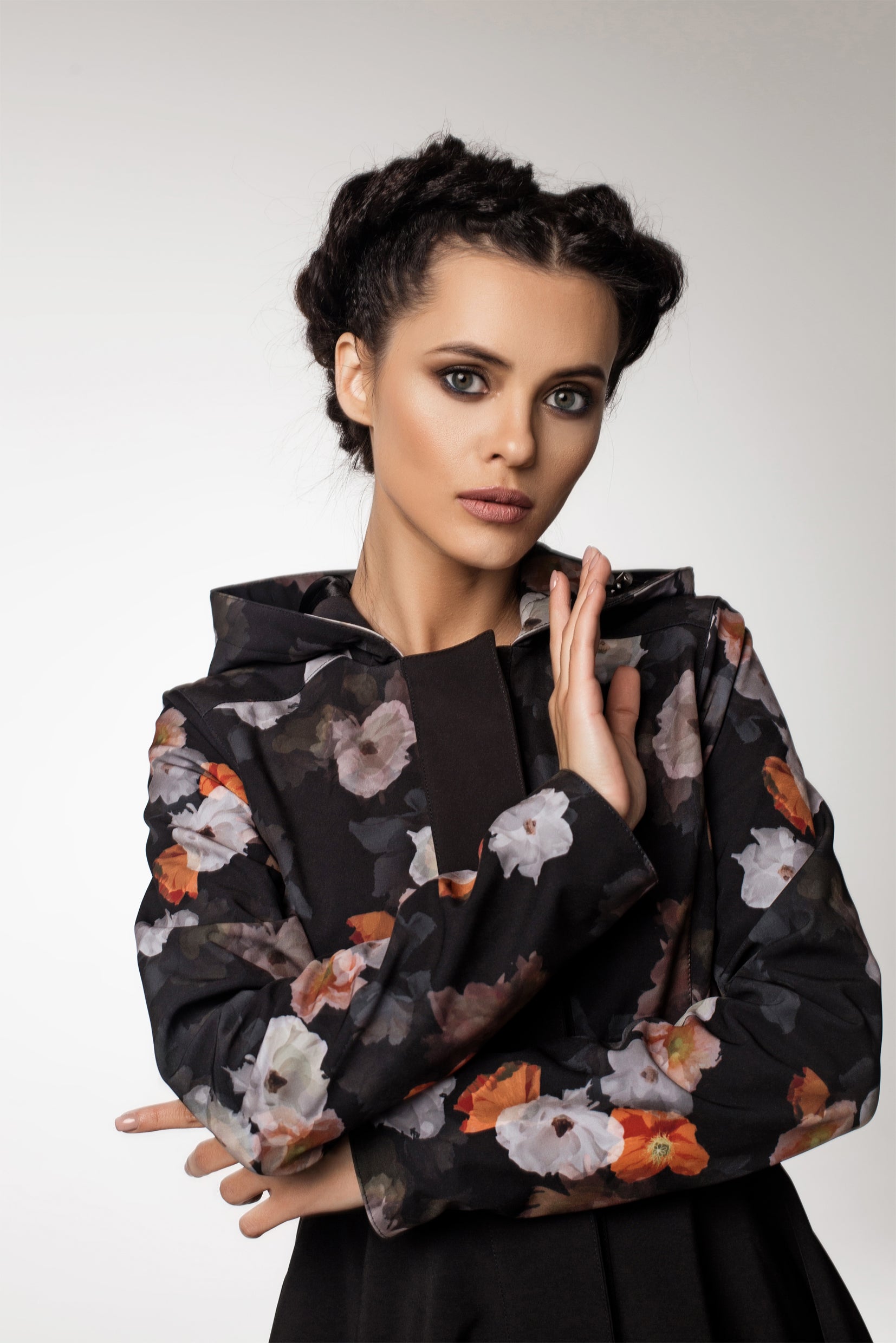 Black Flared Coat with Floral Print