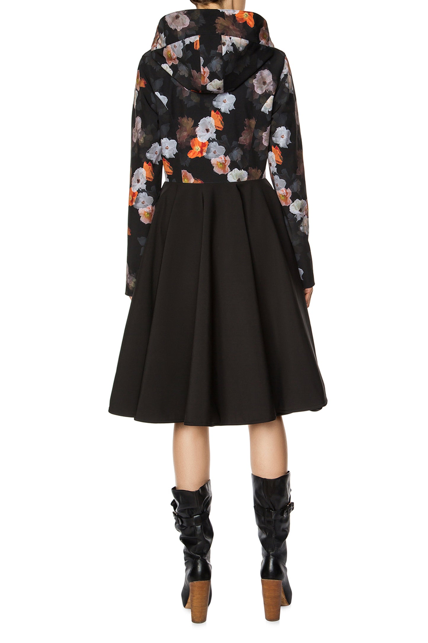 Black Flared Coat with Floral print on top part