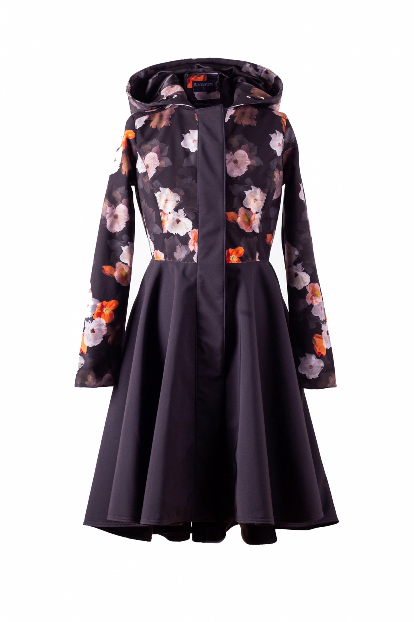 Black Flared Coat with high-low hemline and floral print on top part