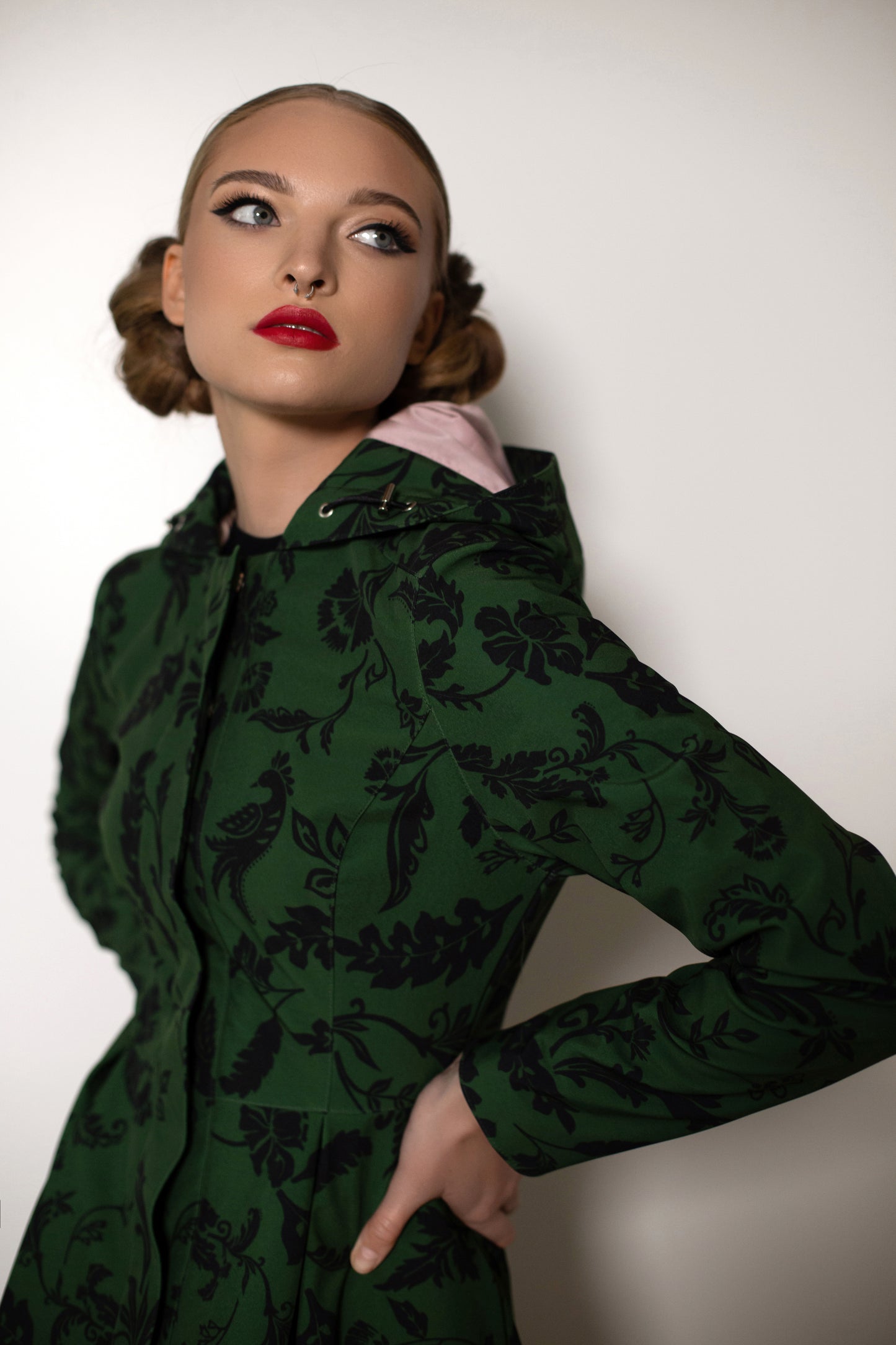 Forest green Raincoat with floral print