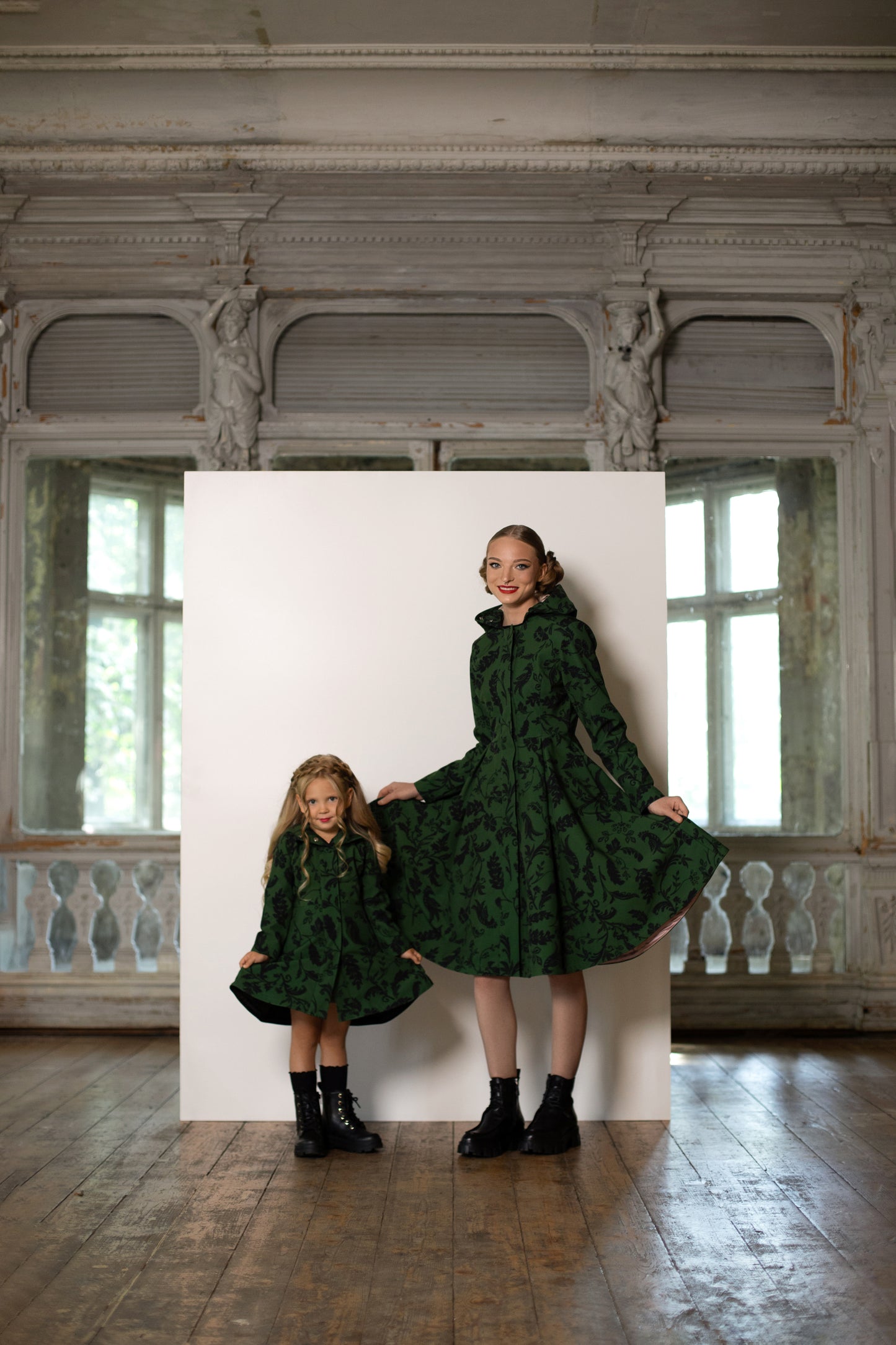 Mommy and me set with fitted and flared dark green waterproof coats