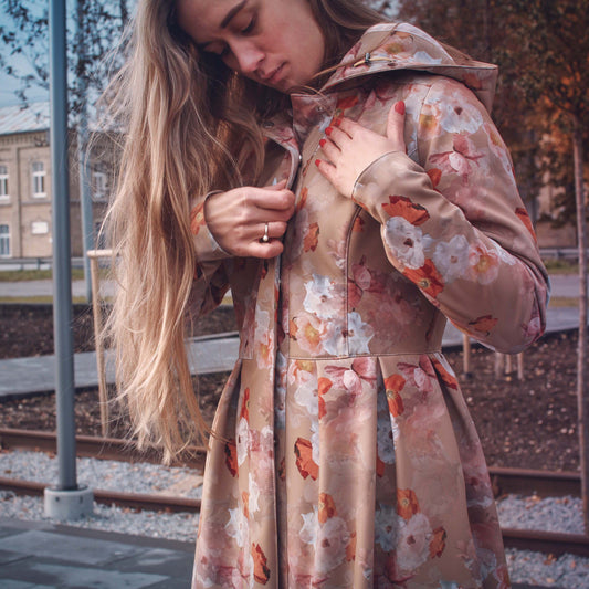 Pleated Trench Coat with colorful anemone flower print