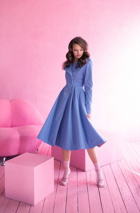 Soft Blue Waterproof Design Coat with voluminous skirt