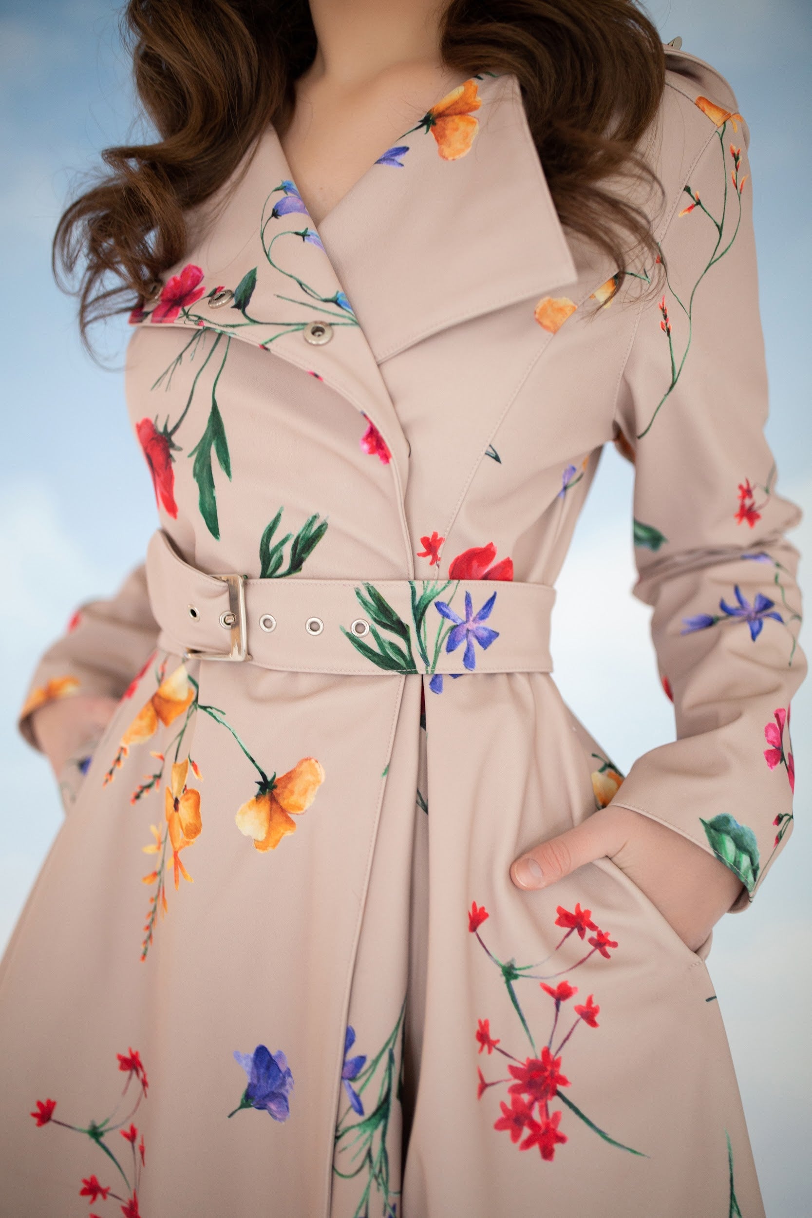Beige Design Coat with Colorful Flower Print and Belt – RainSisters | 