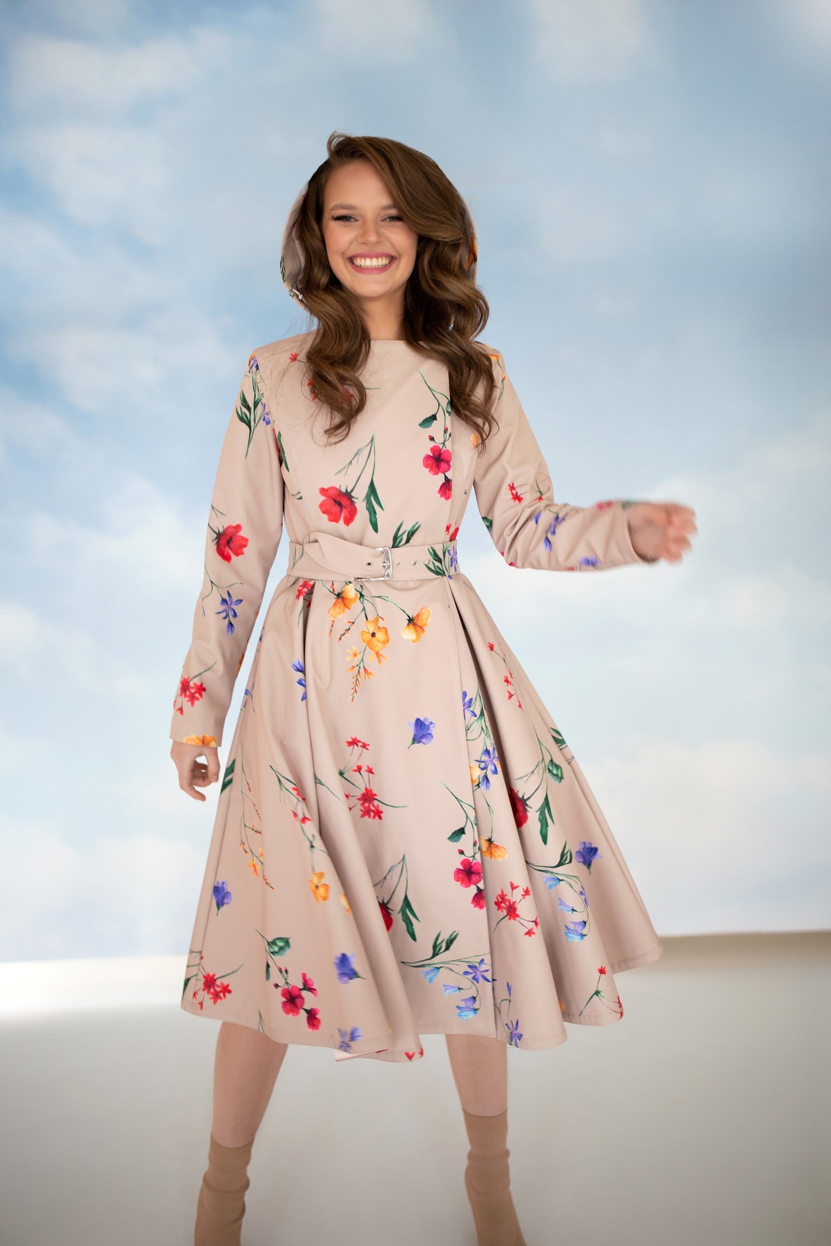 Beige Design Coat with Colorful Flower Print and Belt – RainSisters