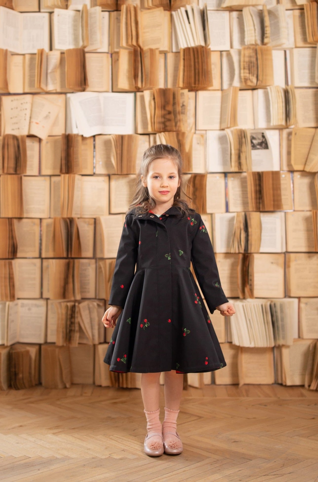 Girls' Black Coat with Red Strawberry Print