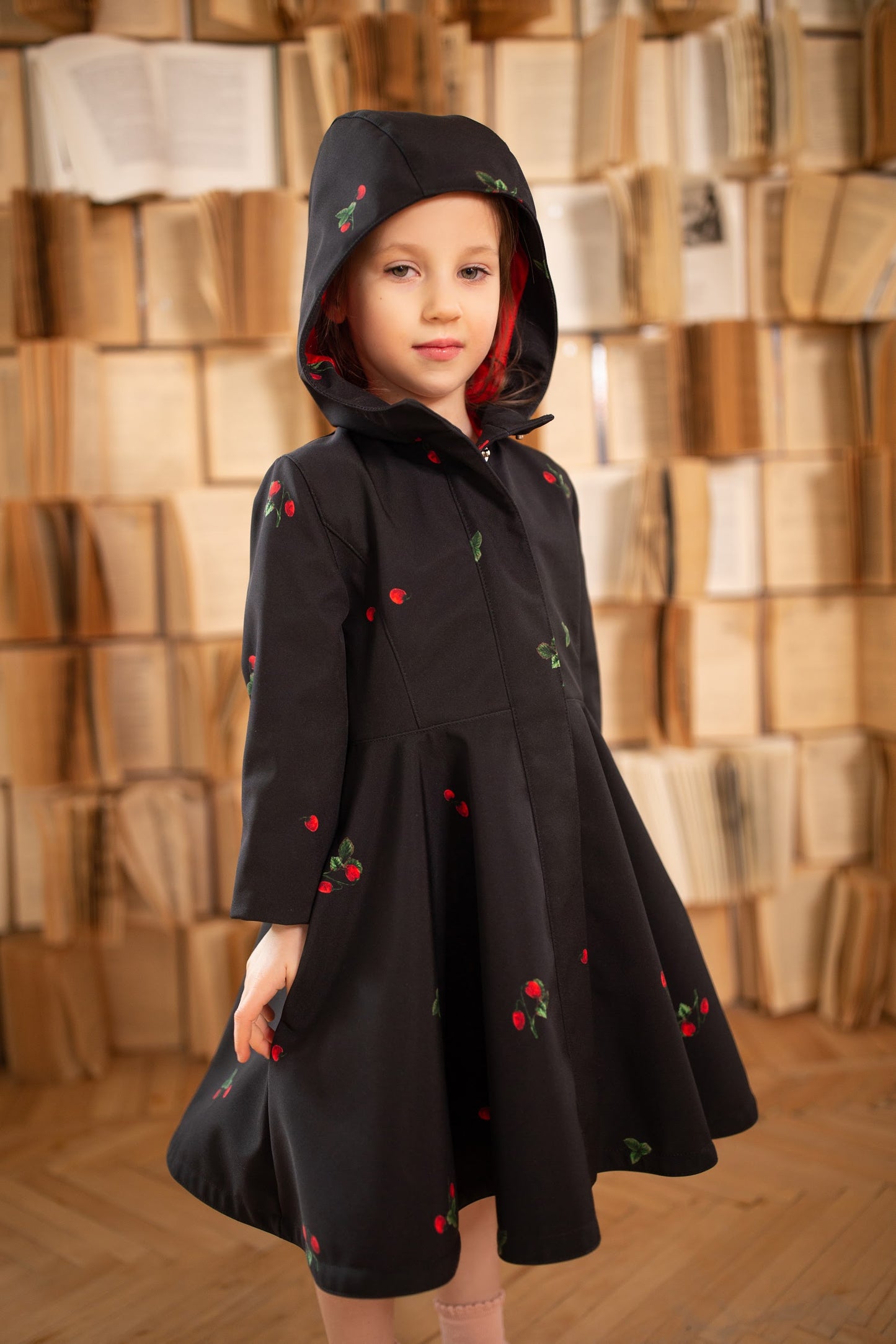 Girls' hooded Black Coat with Red Strawberry Print