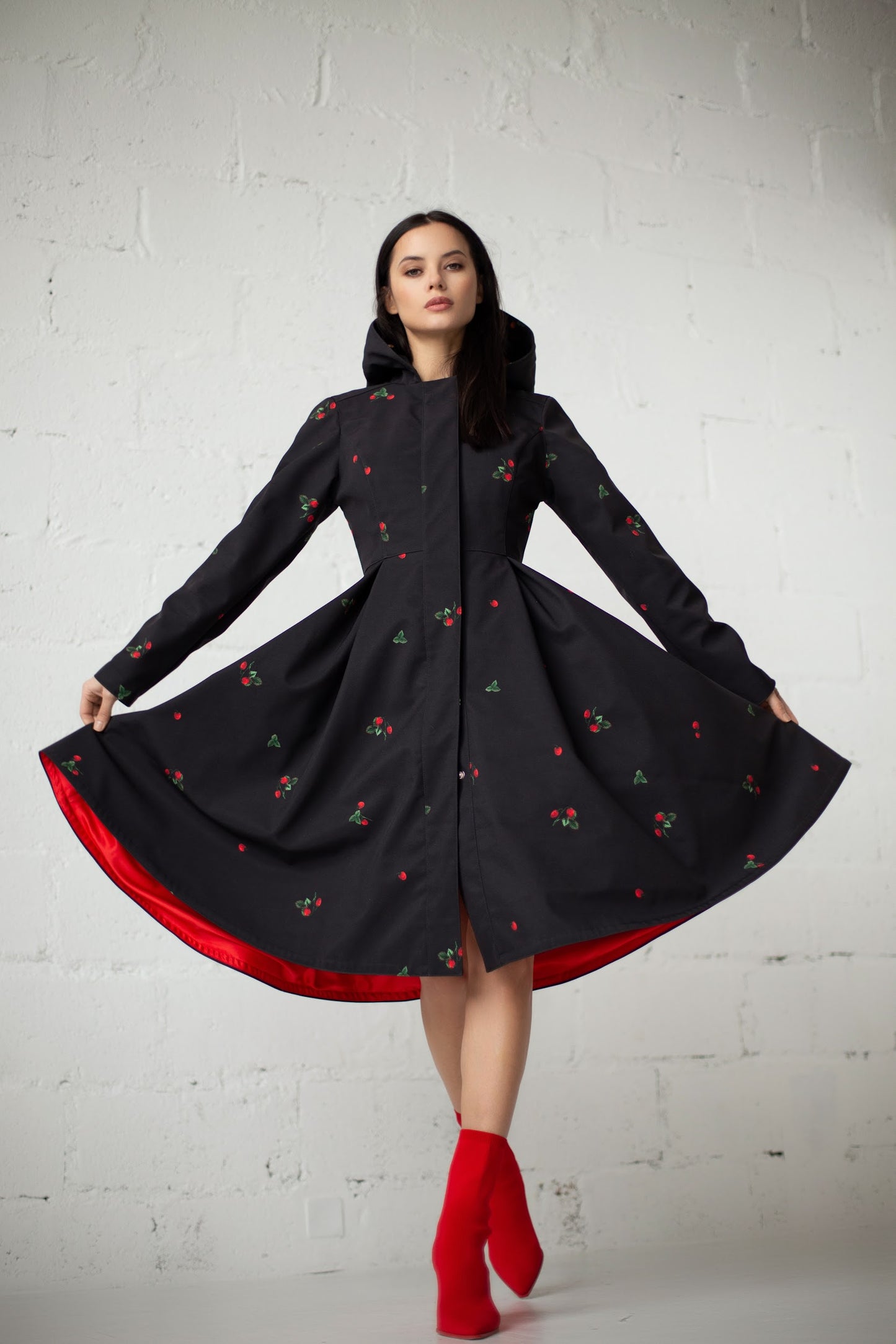 Black and red waterproof coat with red lining