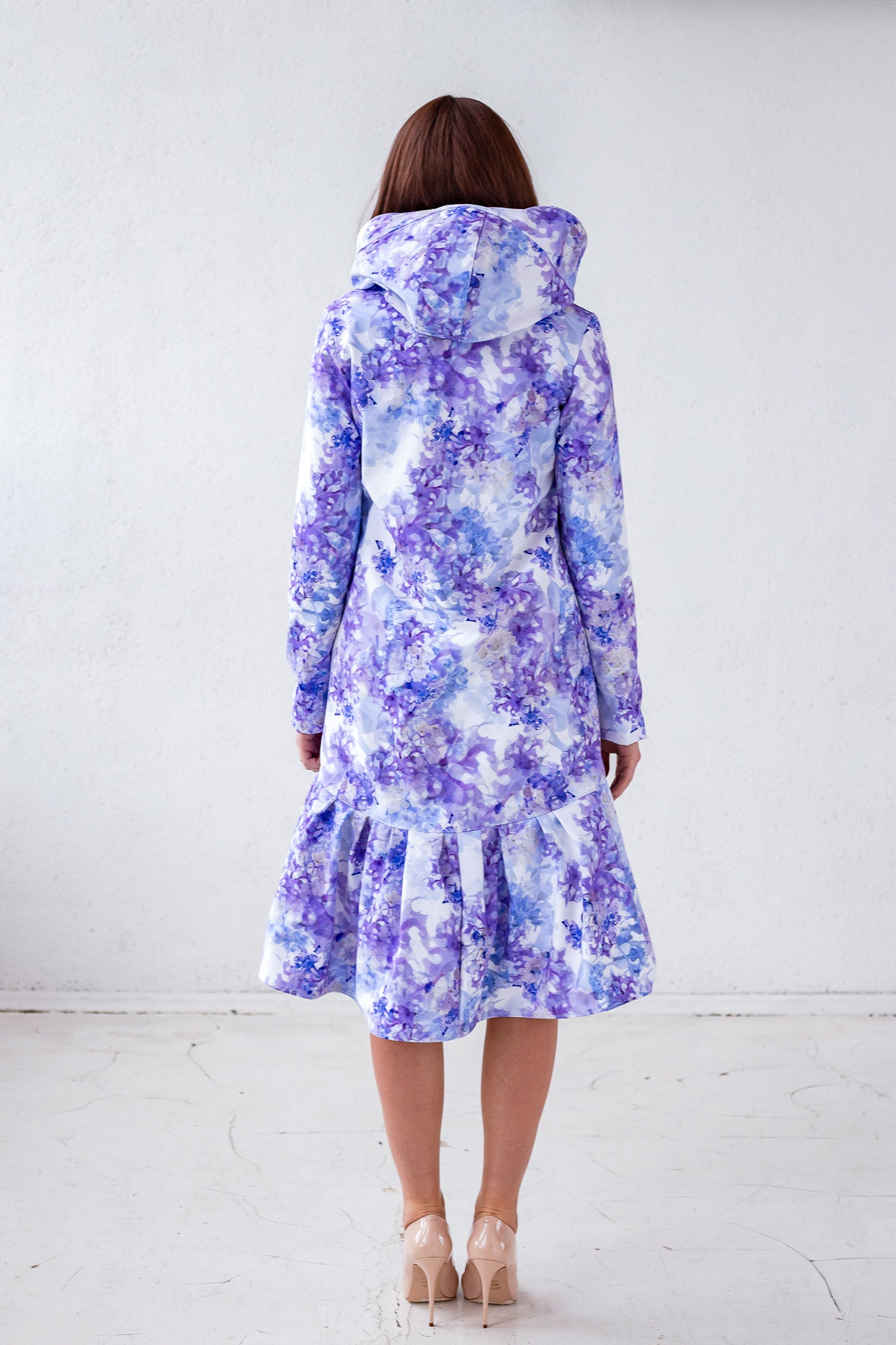 Waterproof Women's Peplum Coat with Hood and blue lilac flower print