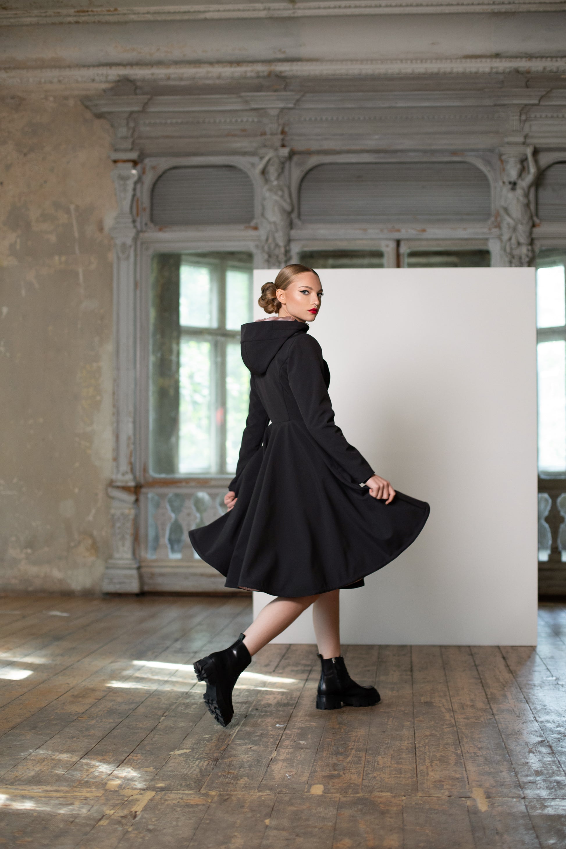 Fit and Flare Coat with Full Circle Skirts in Black and Ash Pink