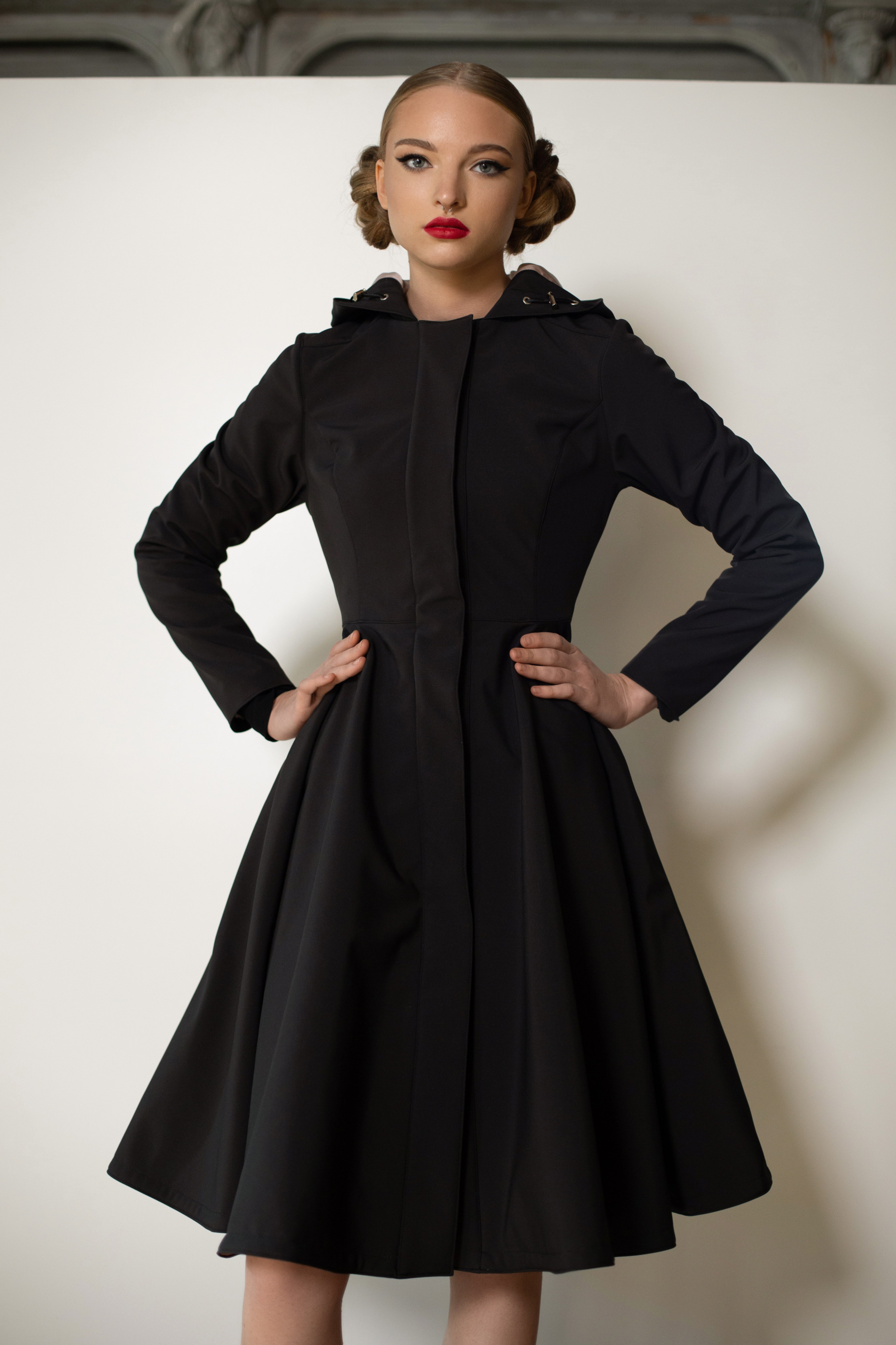 Fit and Flare Coat with Full Circle Skirts in Black and Ash Pink   RainSisters