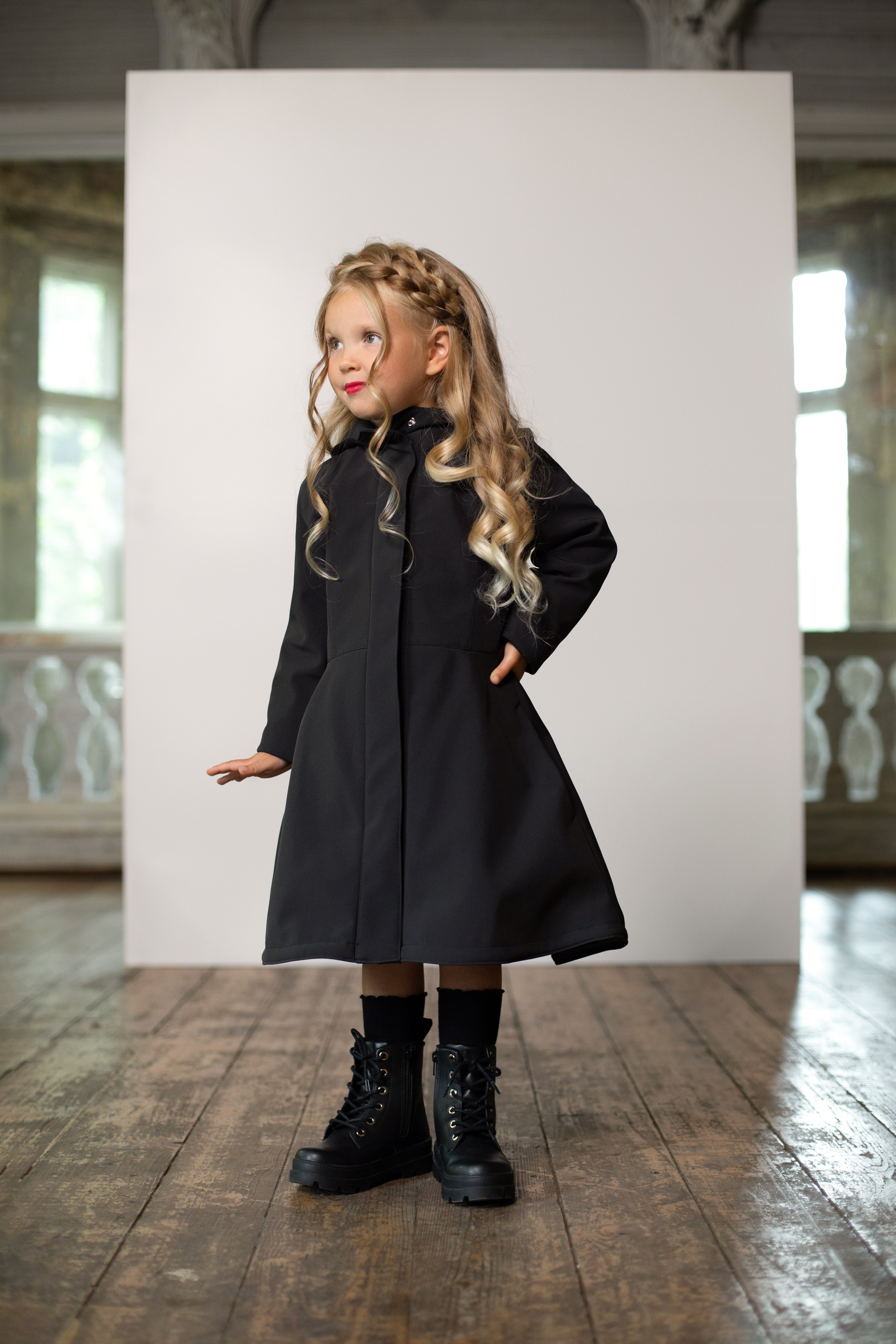 Flared Coat for Girls in Black RainSisters