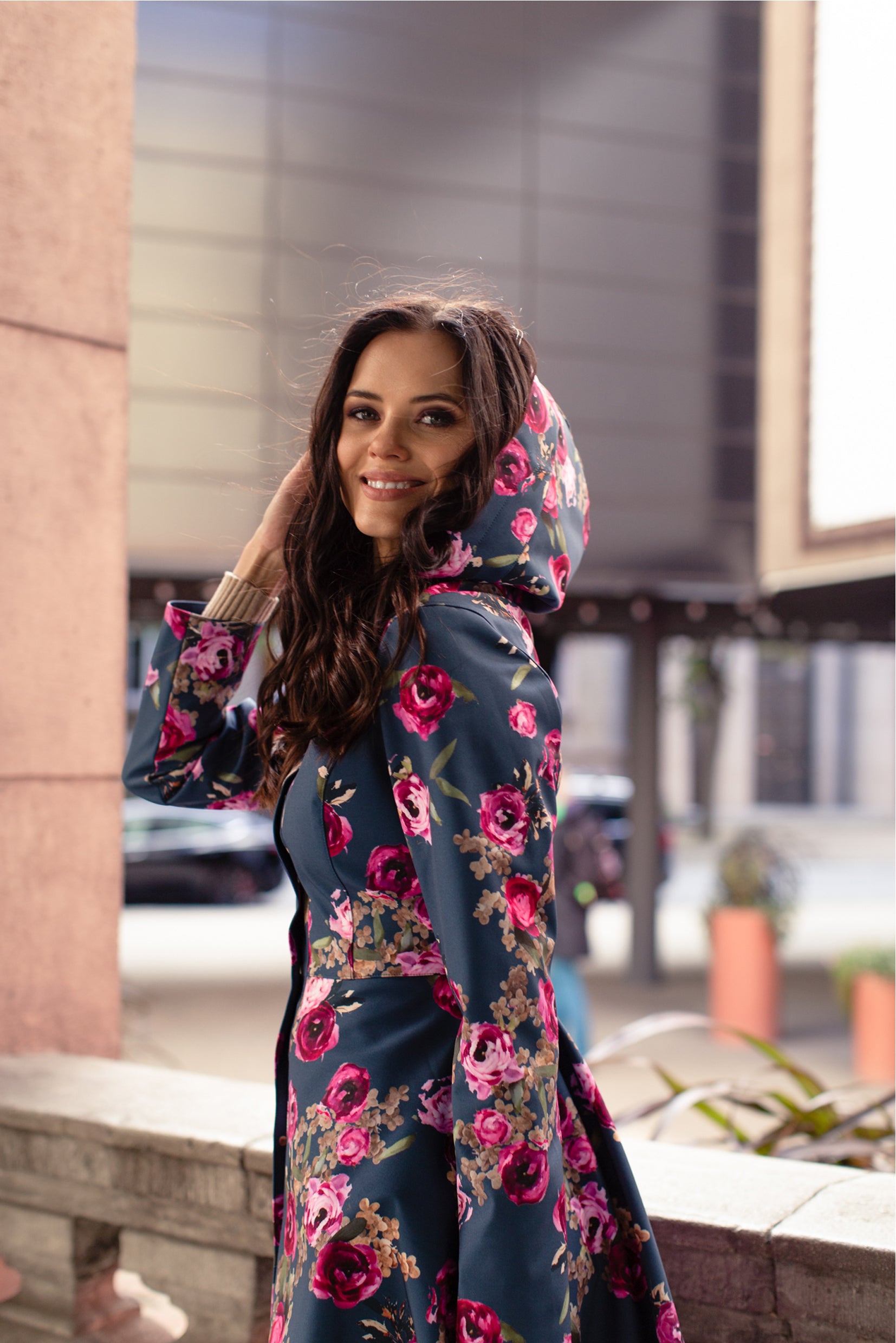 Fitted and Flared Coat with Pleated Back in Blue and Pink RainSisters