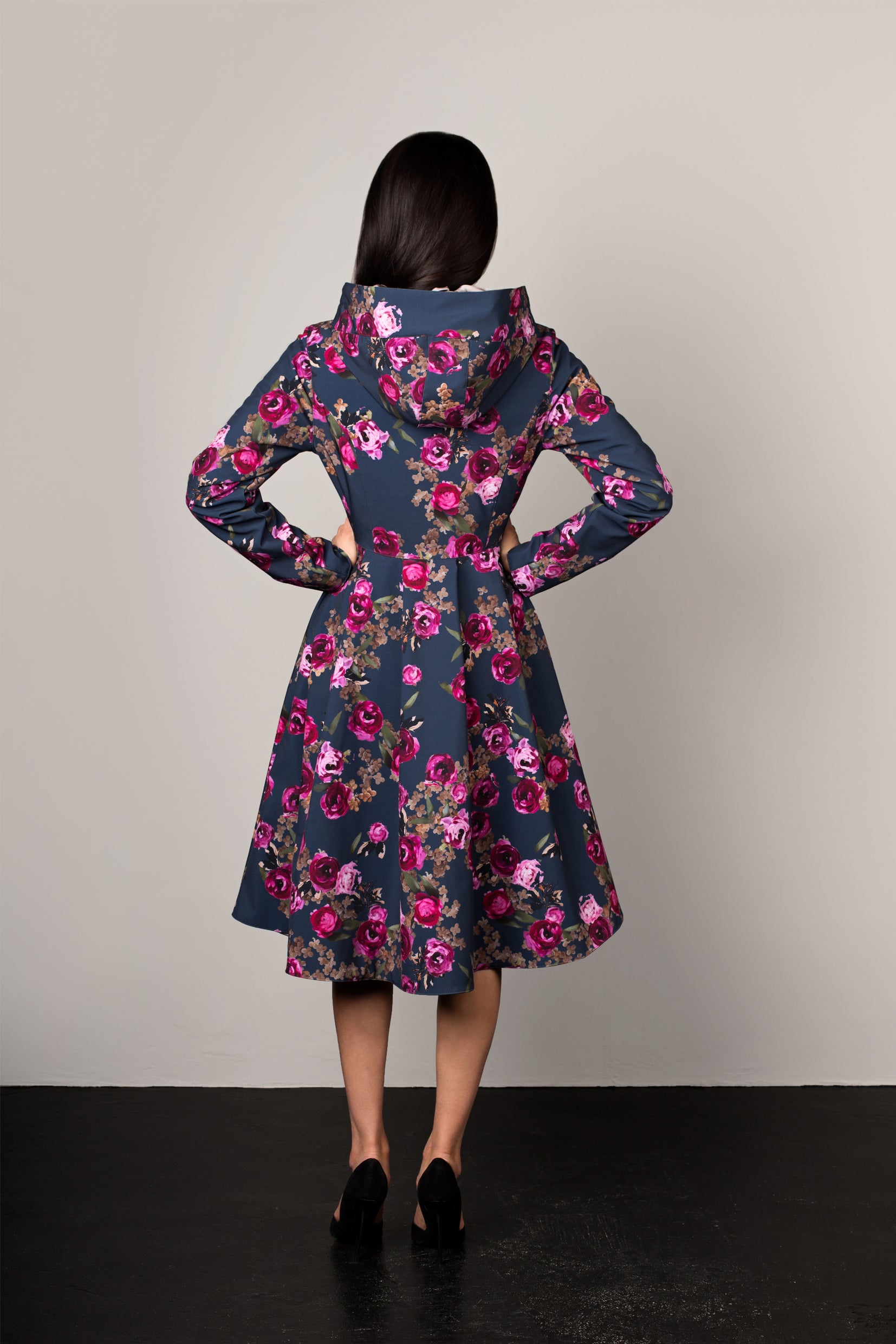 Fitted and Flared Coat with Pleated Back in Blue and Pink RainSisters