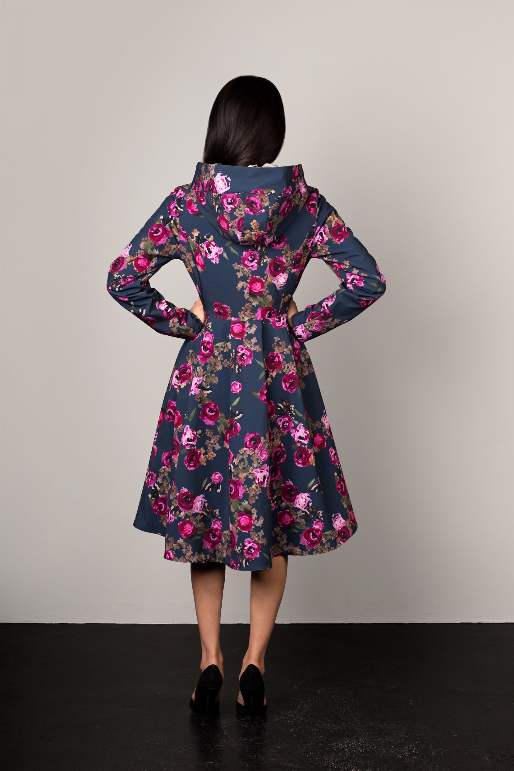 Fitted and Flared Coat with Pleated Back in Blue and Pink