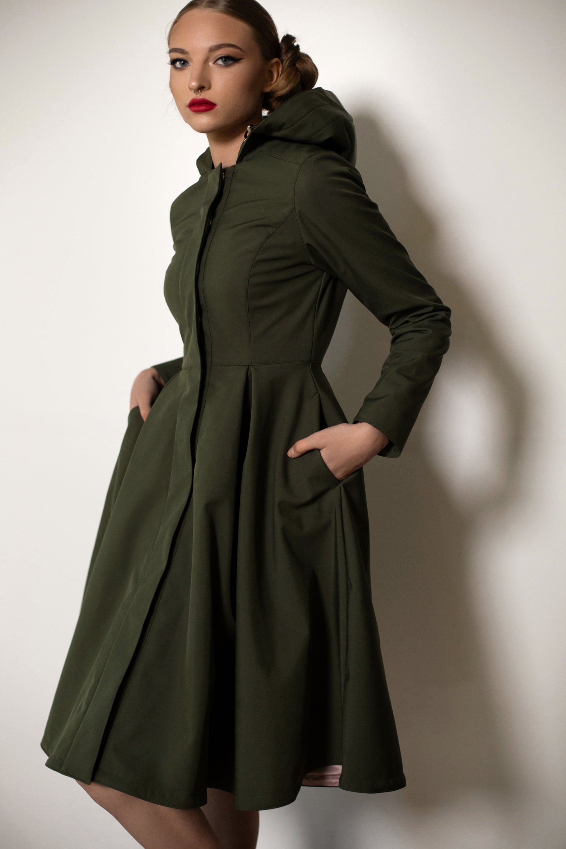 Fit and Flare Coat with Pleated Skirt in Khaki Green | Moss Green