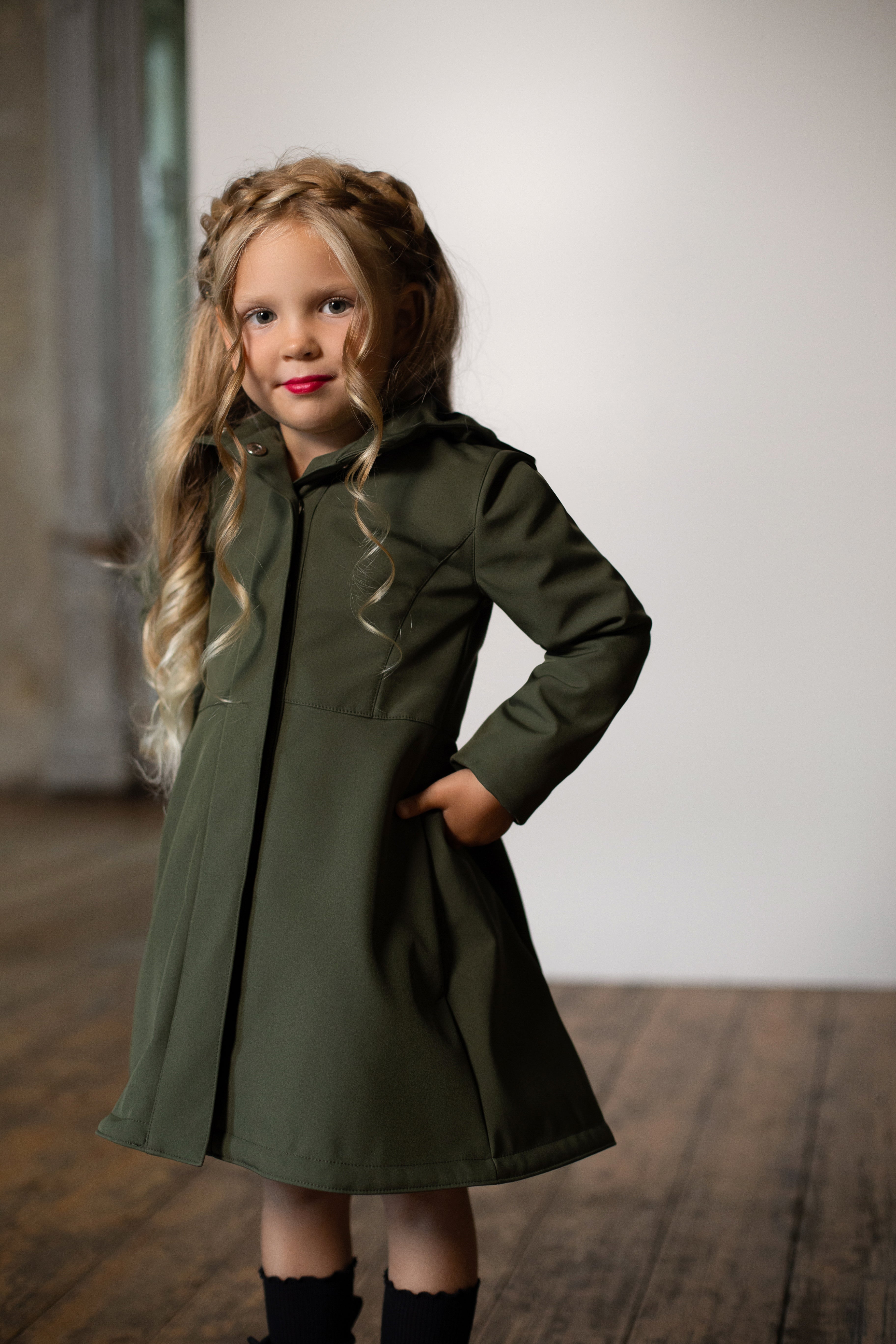 Girls Khaki Green Raincoat with Hood Moss Green