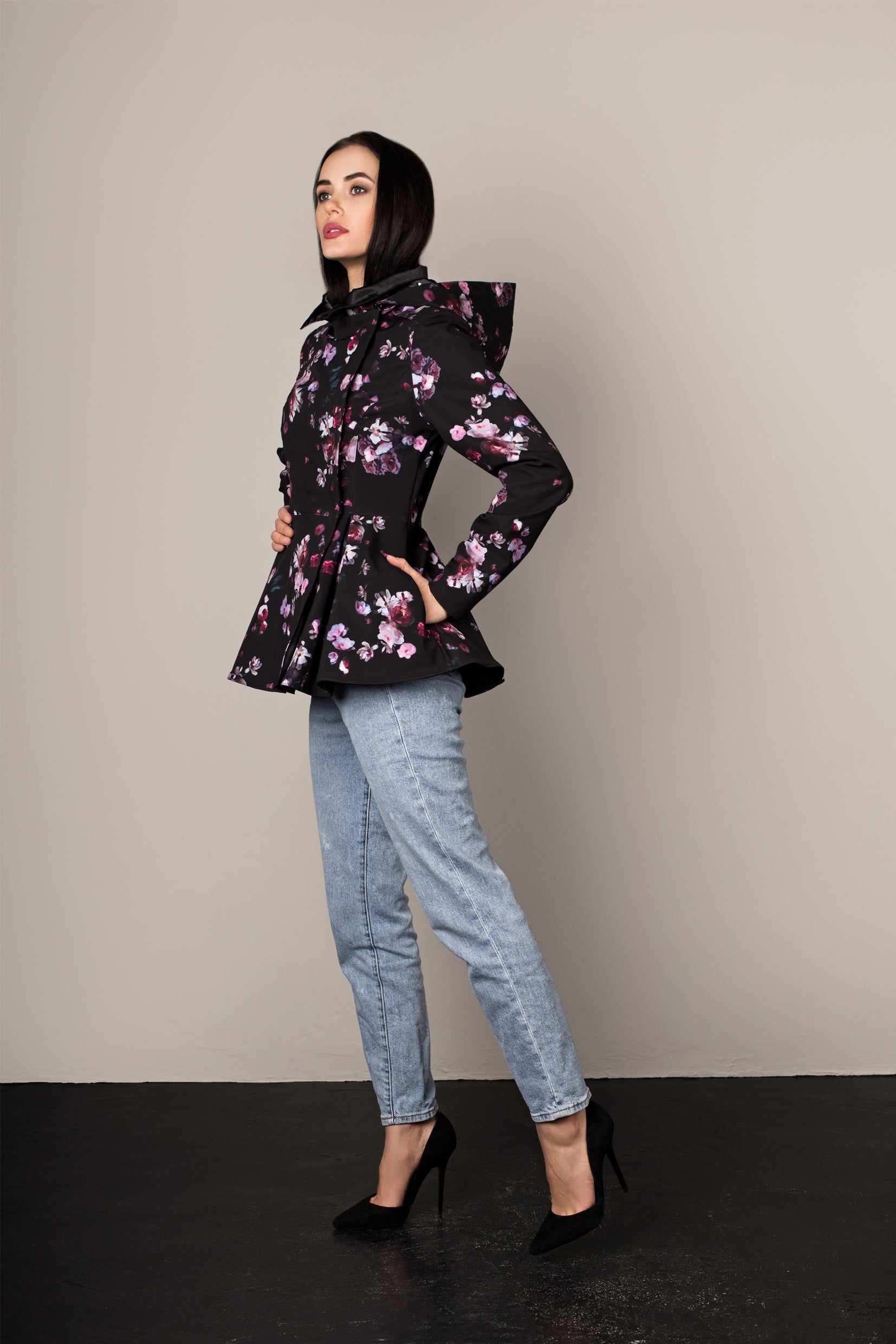 Women's Peplum Jacket with Detachable Hood and pink flower print on black background